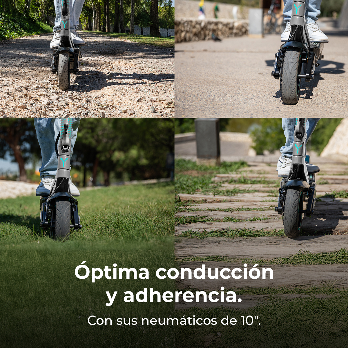 Una persona montando un patinete eléctrico negro sobre diferentes superficies. El patinete tiene neumáticos grandes. El texto dice: gran conducción y agarre.