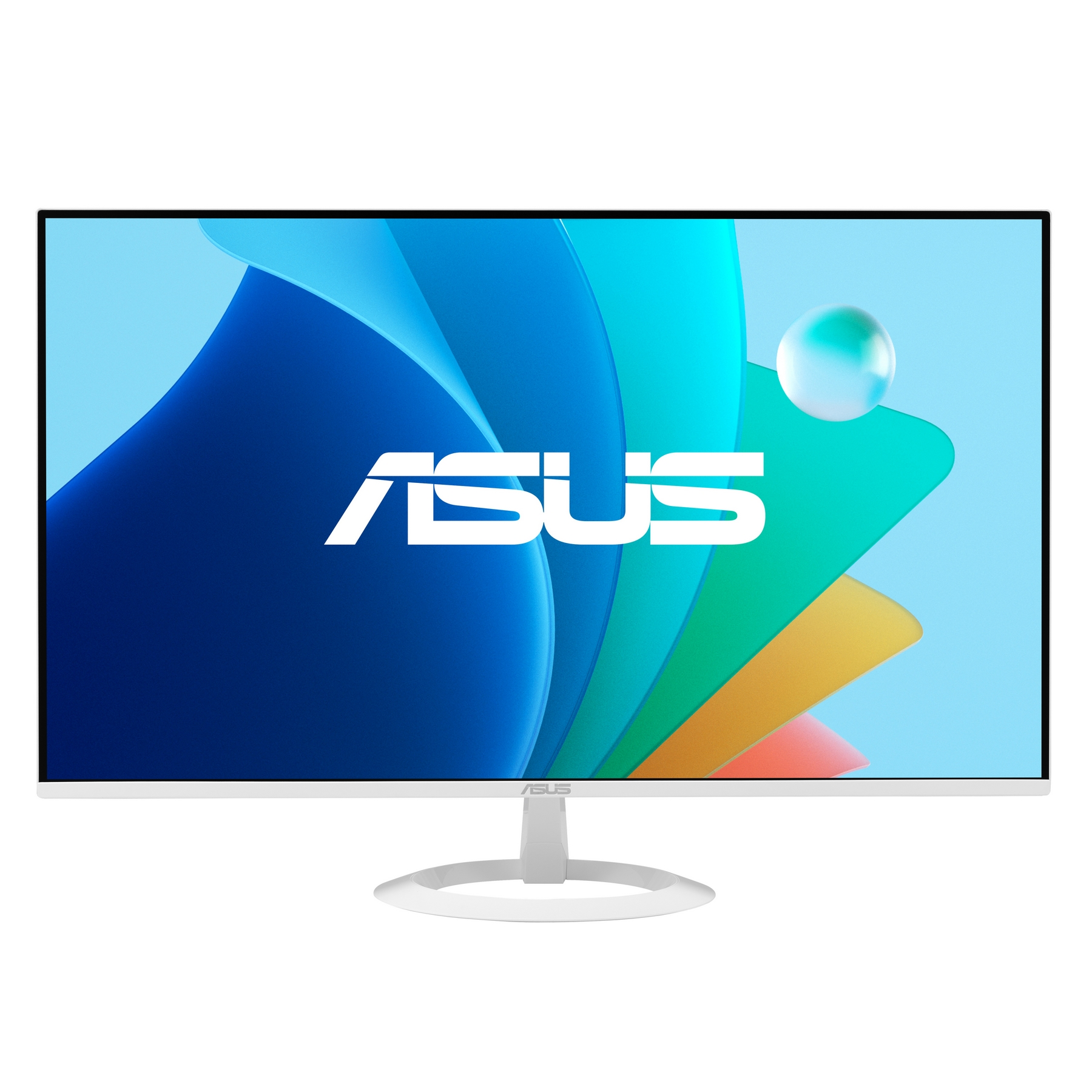 Ein ASUS-Monitor. Der Bildschirm zeigt abstrakte blaue, grüne und orangefarbene Formen und das weiße ASUS-Logo.