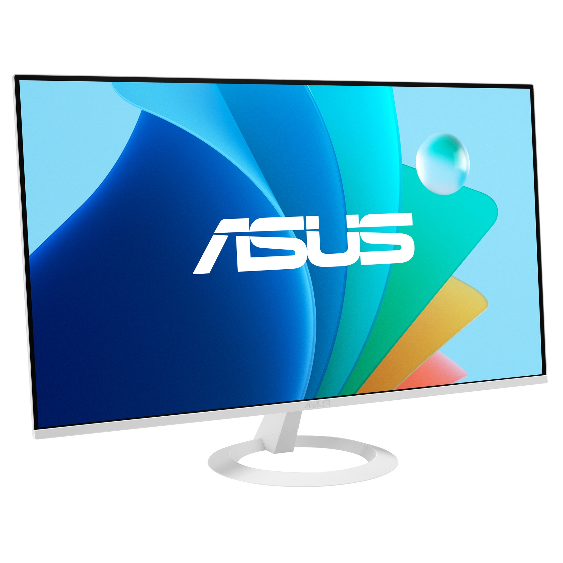 Ein ASUS-Monitor mit weißem Rahmen und Ständer. Der Bildschirm zeigt ein farbenfrohes abstraktes Design mit dem ASUS-Logo.