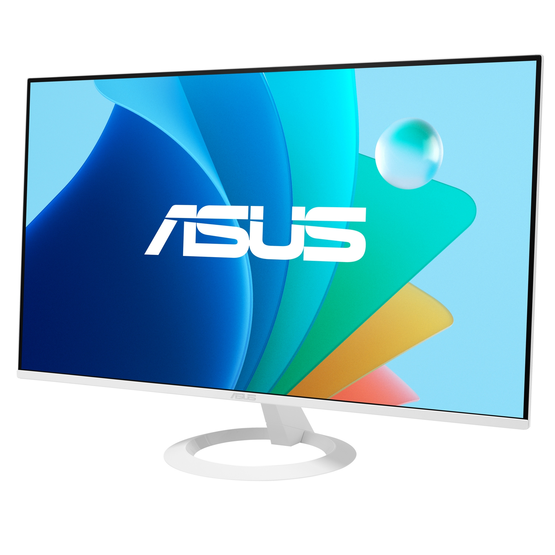 Weißer ASUS-Monitor. Der Bildschirm zeigt abstrakte blaue, grüne und gelbe Formen mit ASUS-Logo.