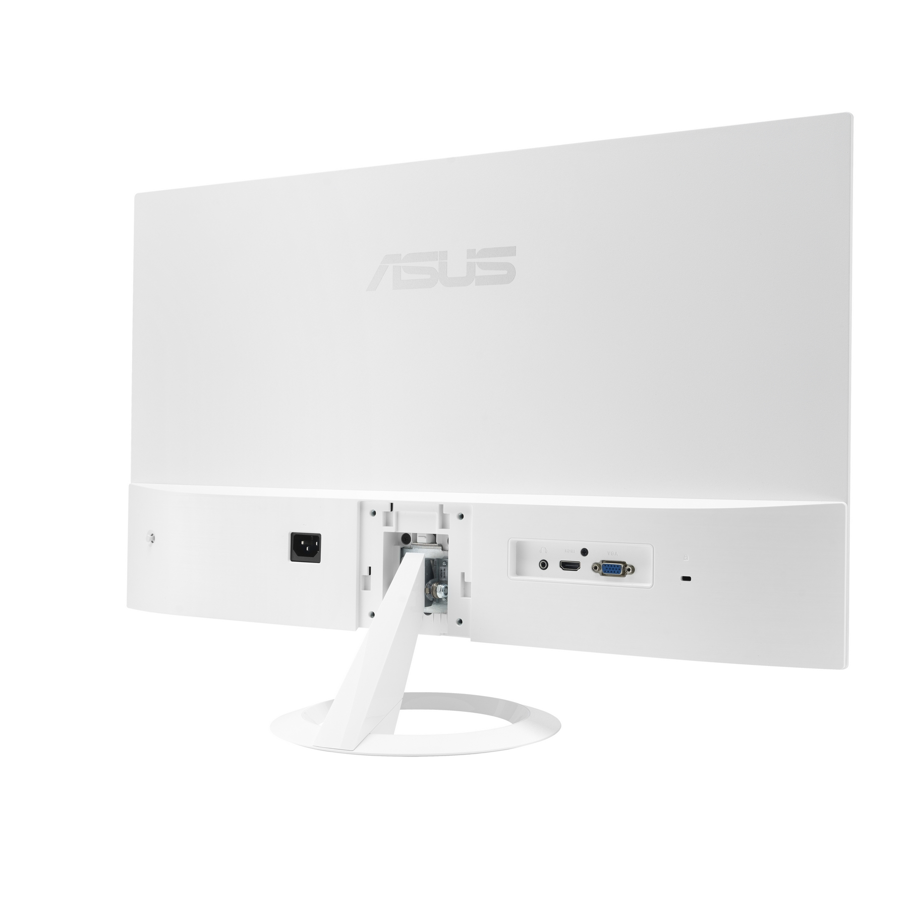 Rückansicht eines weißen ASUS-Monitors. Er hat Anschlüsse, einen Stromeingang und das ASUS-Logo. Der Ständer ist weiß.