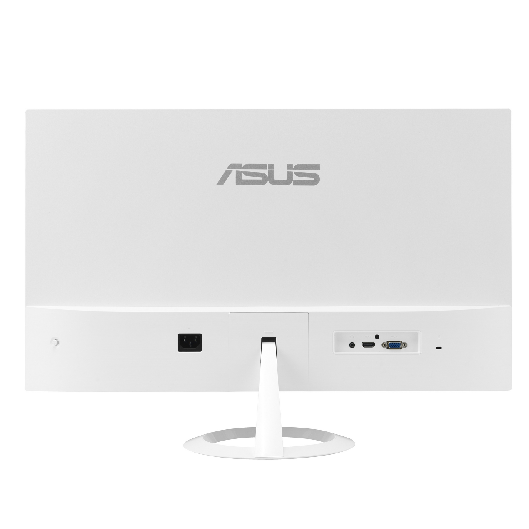 Rückansicht eines weißen ASUS-Monitors. Er hat einen Ständer, Anschlüsse und das ASUS-Logo. Der Hintergrund ist weiß.