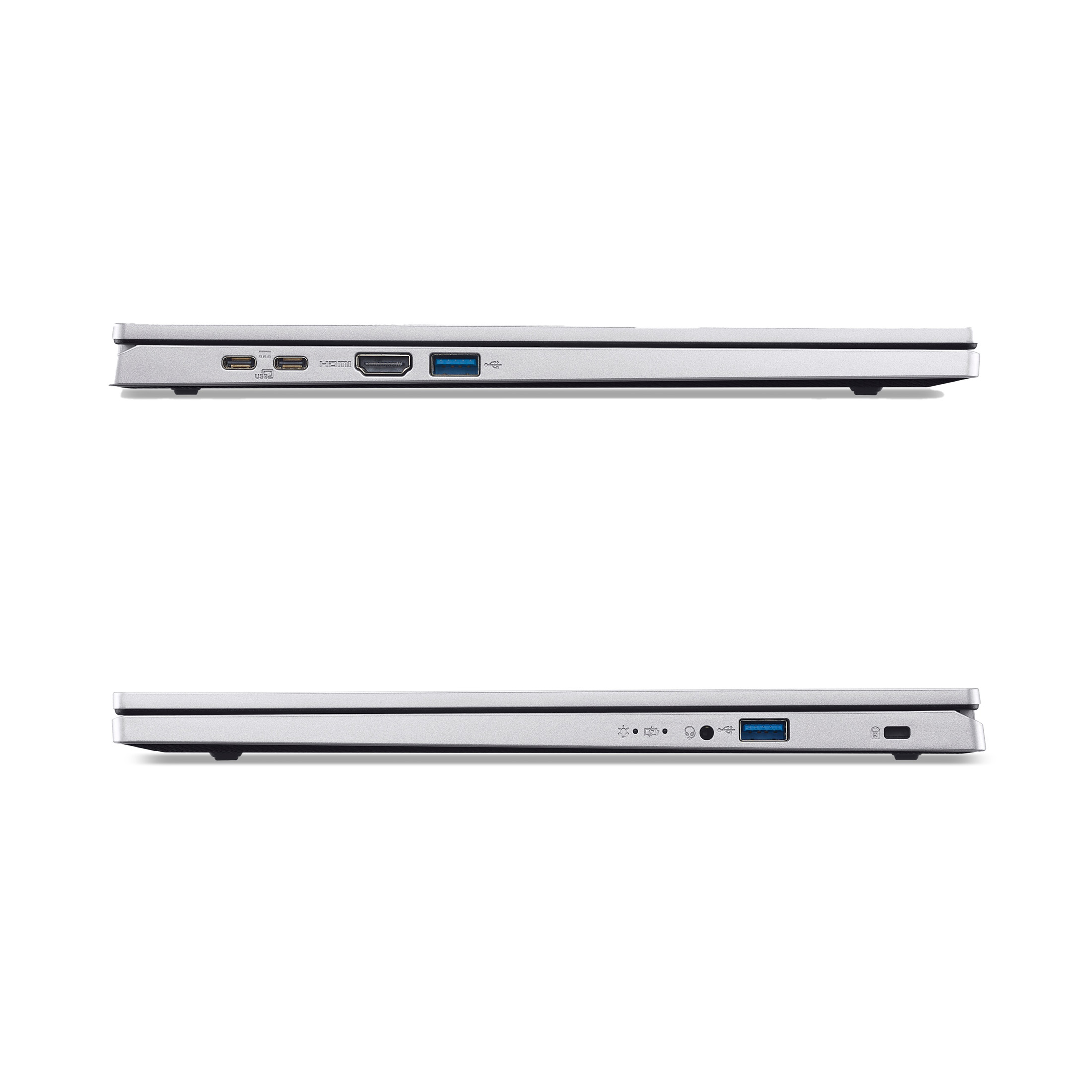 Seitenansicht eines silbernen Laptops. Anschlüsse umfassen USB, HDMI und einen Ladeanschluss. Auf weißem Hintergrund.