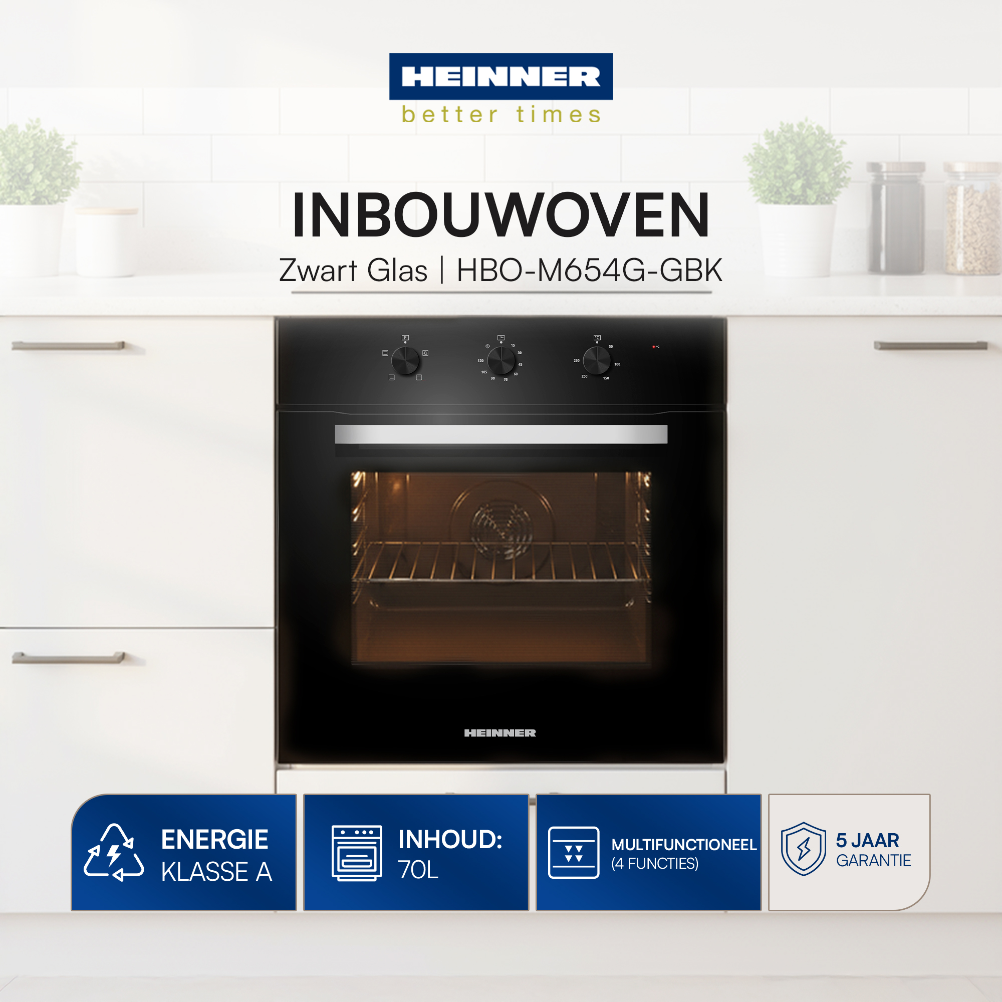 Schwarzer Einbaubackofen mit Bedienelementen, in einer weißen Küchenumgebung. Er hat den Markennamen Heinner.