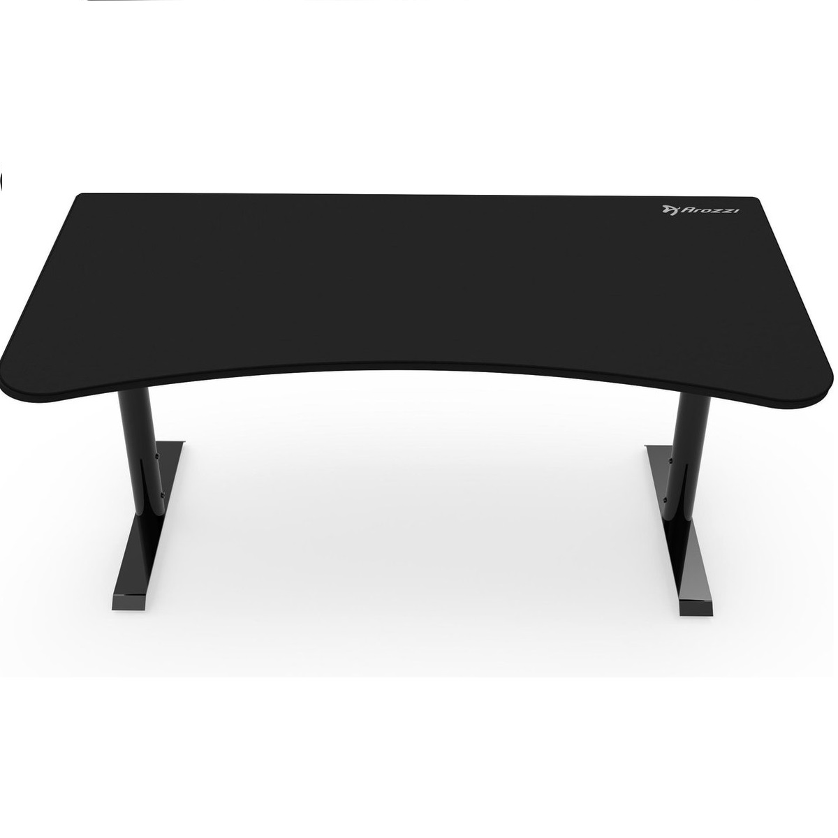 Ein schwarzer Gaming-Schreibtisch mit geschwungener Oberseite. Er hat zwei schwarze Beine. Der Hintergrund ist weiß.