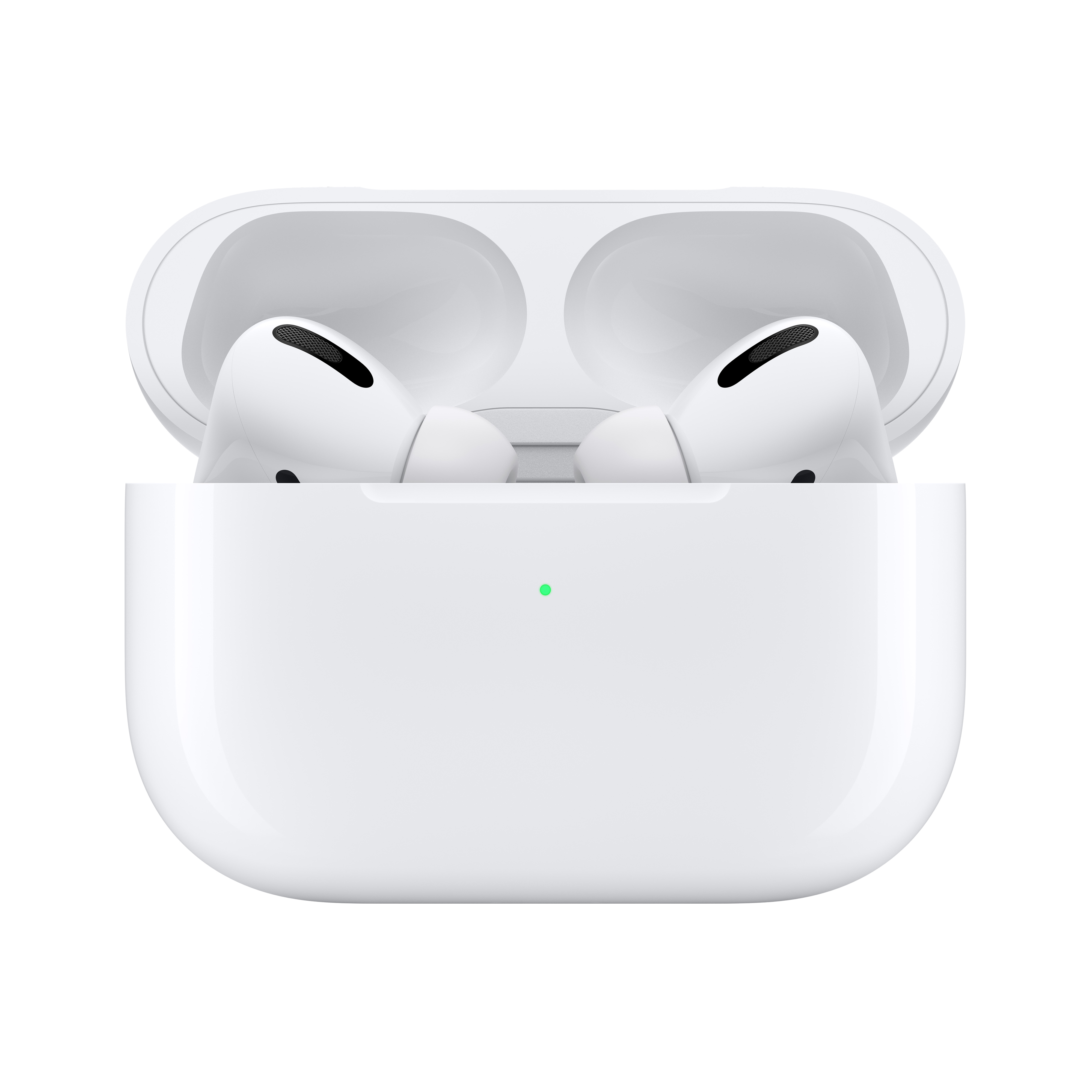 Weiße AirPods Pro-Ohrhörer in einem offenen weißen Ladecase vor weißem Hintergrund.