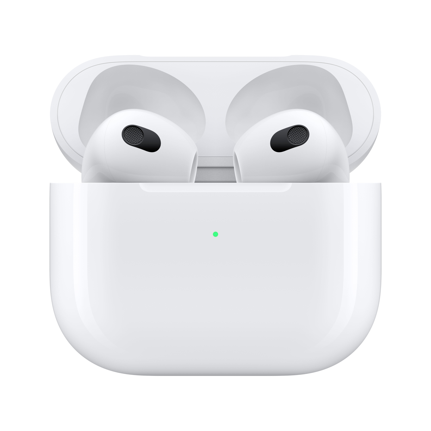 Weiße AirPods Pro in einem geöffneten Ladecase. Das Case ist weiß, mit grünem Licht. AirPods innen.