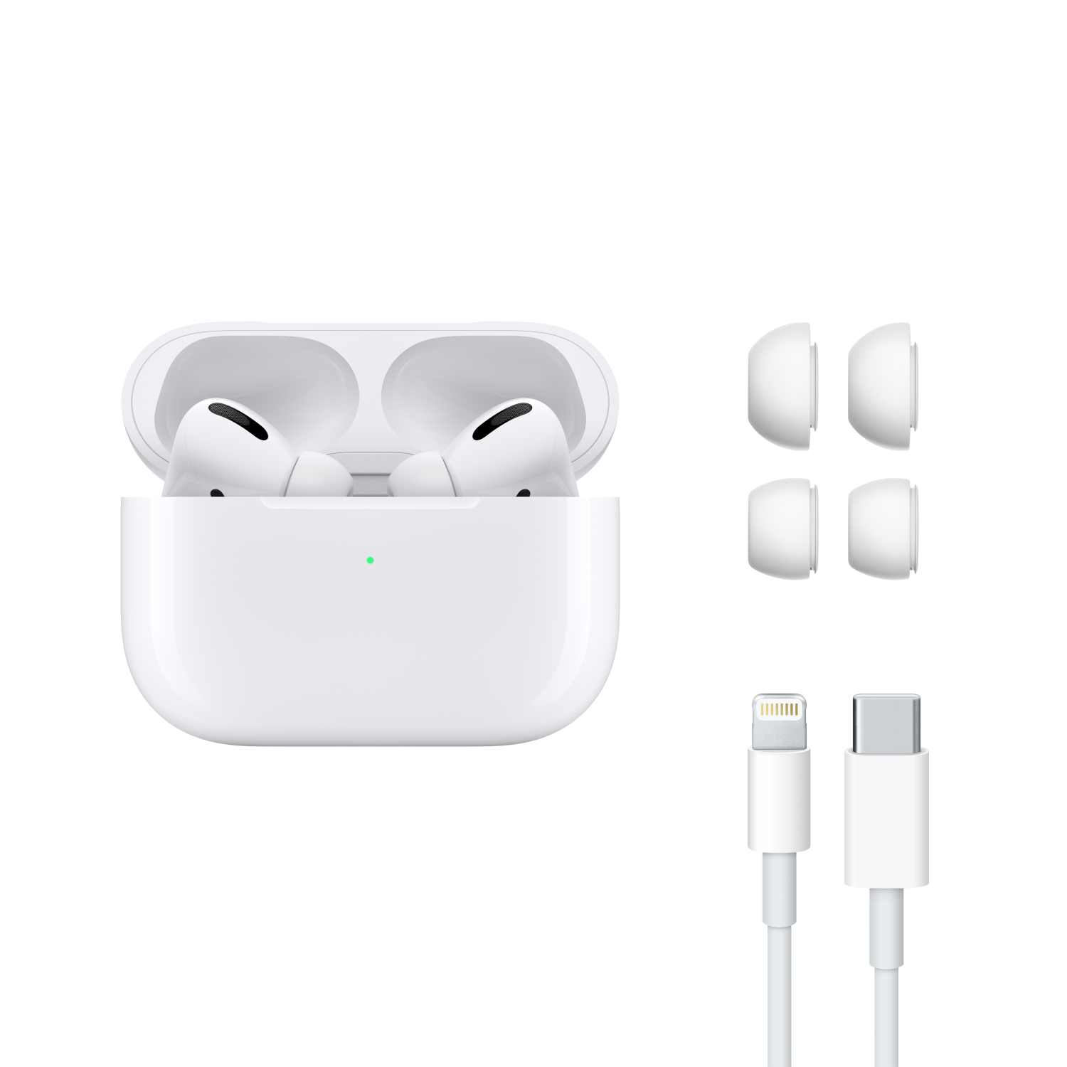 Białe etui AirPods Pro otwarte, ze słuchawkami w środku, dodatkowymi wkładkami dousznymi i dwoma białymi kablami ładującymi na białym tle.