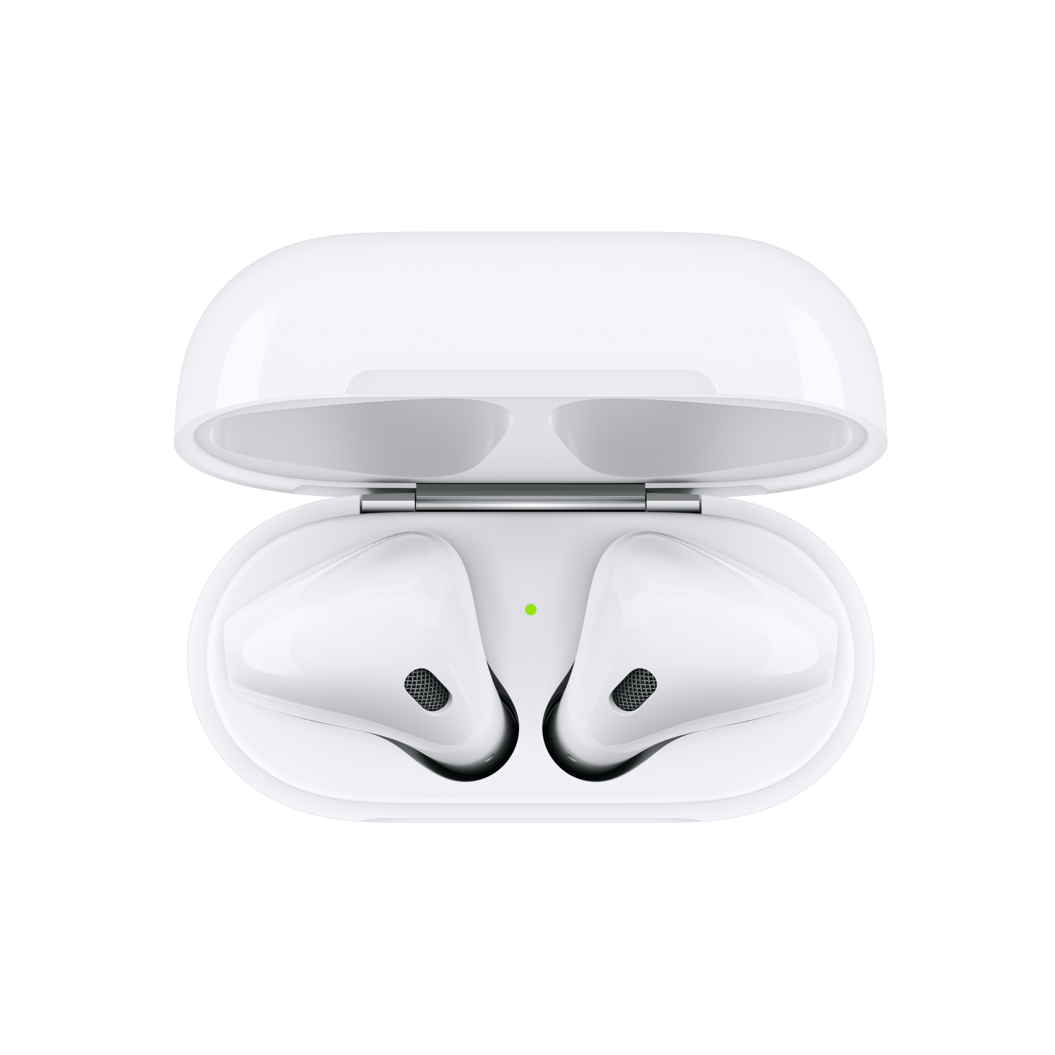 Weiße AirPods in einem offenen Ladekoffer. Der Koffer ist geöffnet und zeigt zwei AirPods. Grünes Licht sichtbar.