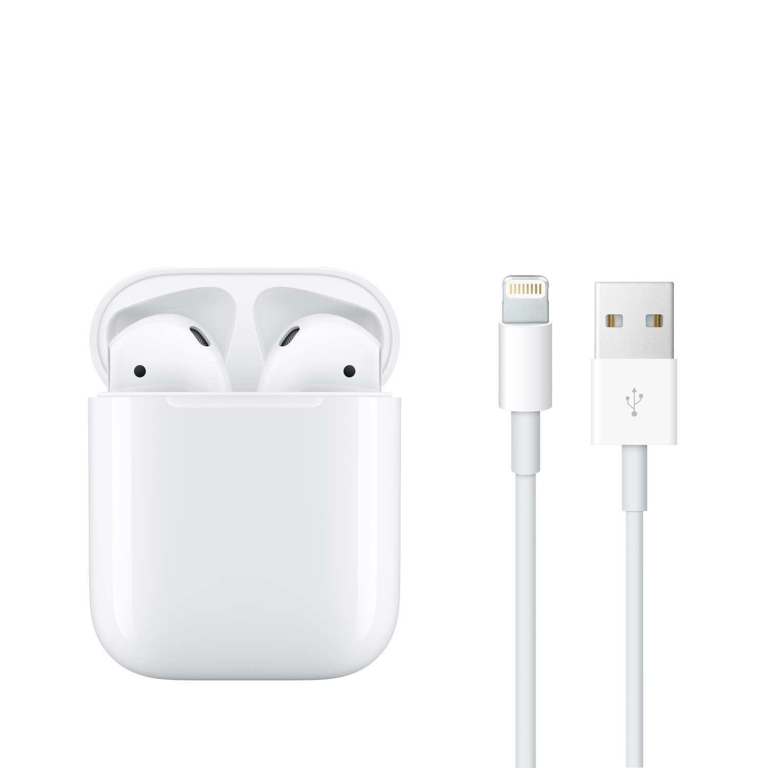 Weiße AirPods in einem Etui, Lightning-Kabel und USB-Kabel auf weißem Hintergrund. Alles Markenartikel von Apple.
