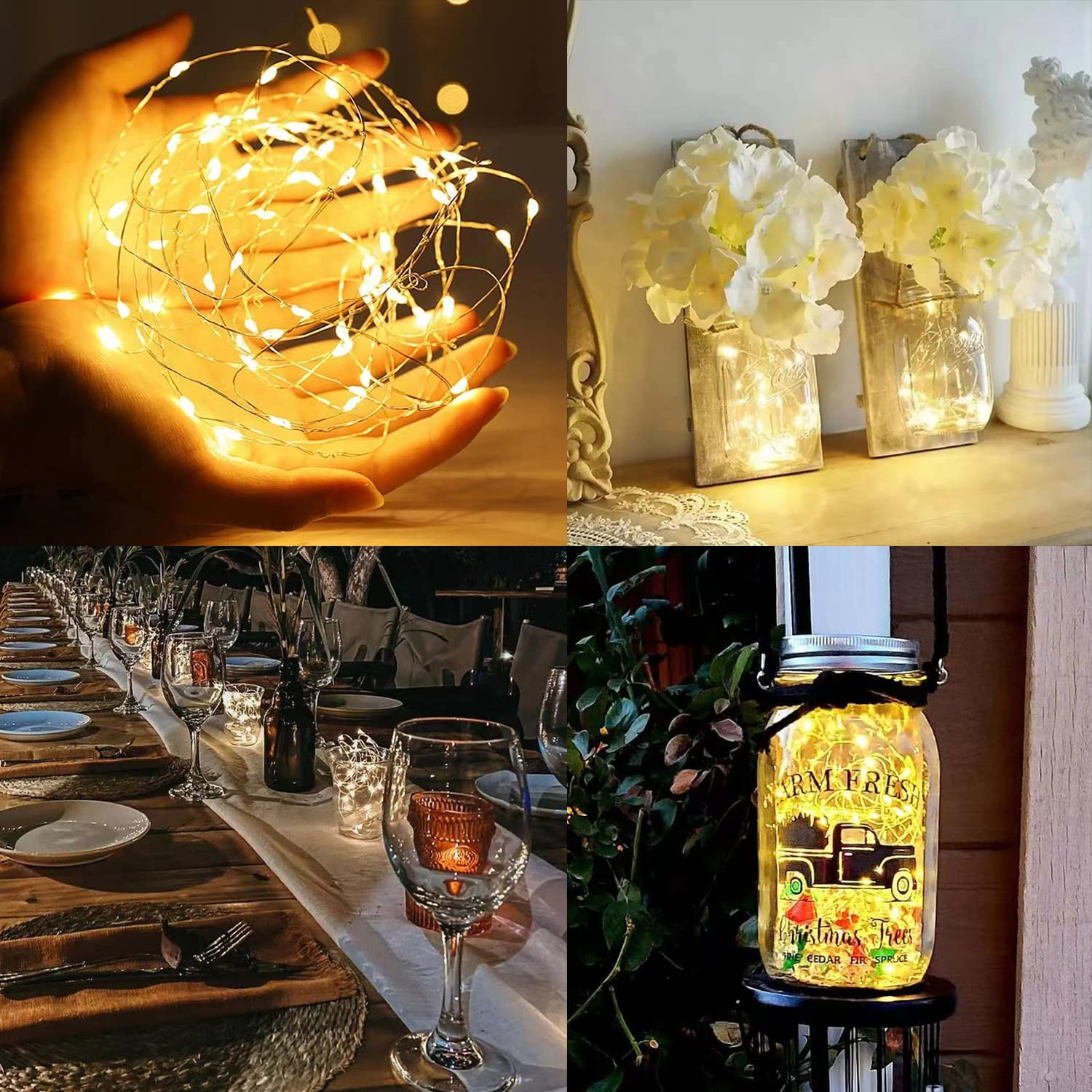 Hände halten Lichterketten. Zwei Einmachgläser mit Blumen und Lichtern. Tisch mit Gläsern. Laterne mit Lichtern.