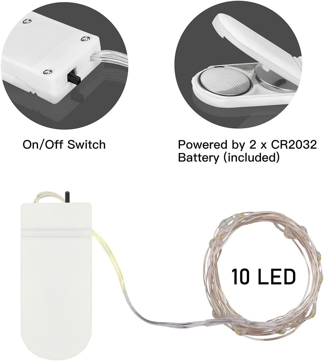 Das Bild zeigt einen Ein-/Ausschalter, ein Batteriefach und eine Lichterkette mit 10 LEDs, die von zwei CR2032-Batterien betrieben wird.