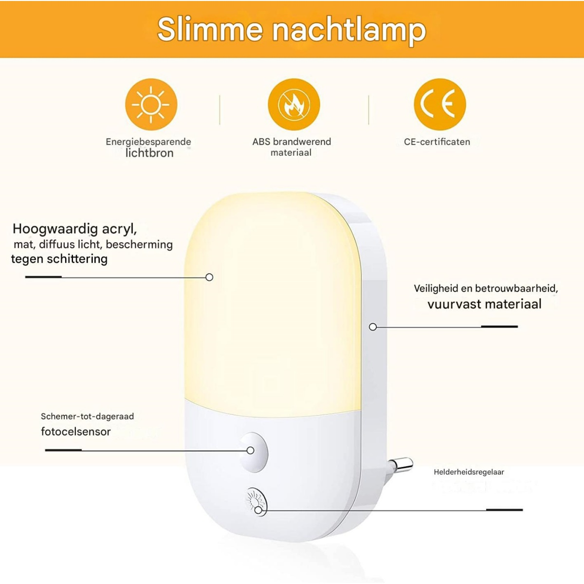 Una luce notturna bianca con una luce gialla. Ha un pulsante e una spina. Le caratteristiche includono luce a risparmio energetico e materiale ignifugo.