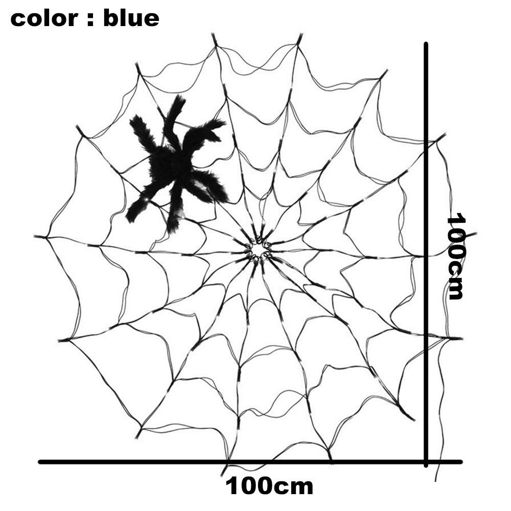 Eine Spinnennetz-Dekoration mit einer schwarzen Spinne in der Mitte. Abmessungen sind 100 cm x 100 cm. Die Farbe ist blau.