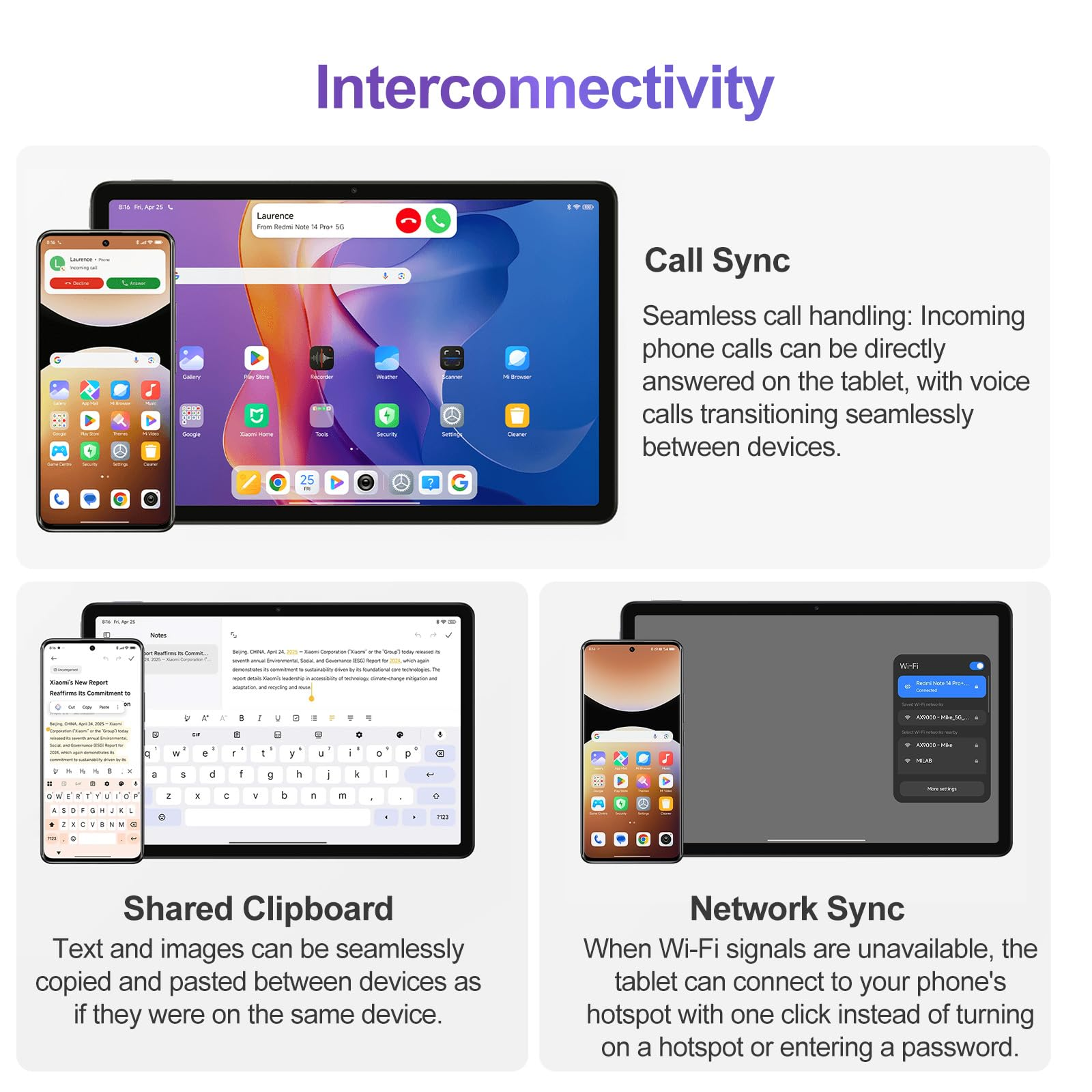 Das Bild zeigt die Integration von Telefon und Tablet und präsentiert Call Sync, Shared Clipboard und Network Sync.