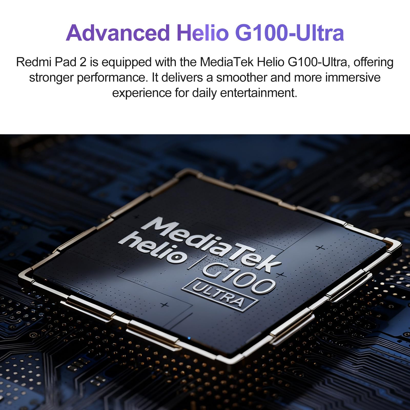 Das Bild zeigt eine Nahaufnahme eines MediaTek Helio G100 Ultra-Chips vor dunklem blauem Hintergrund.