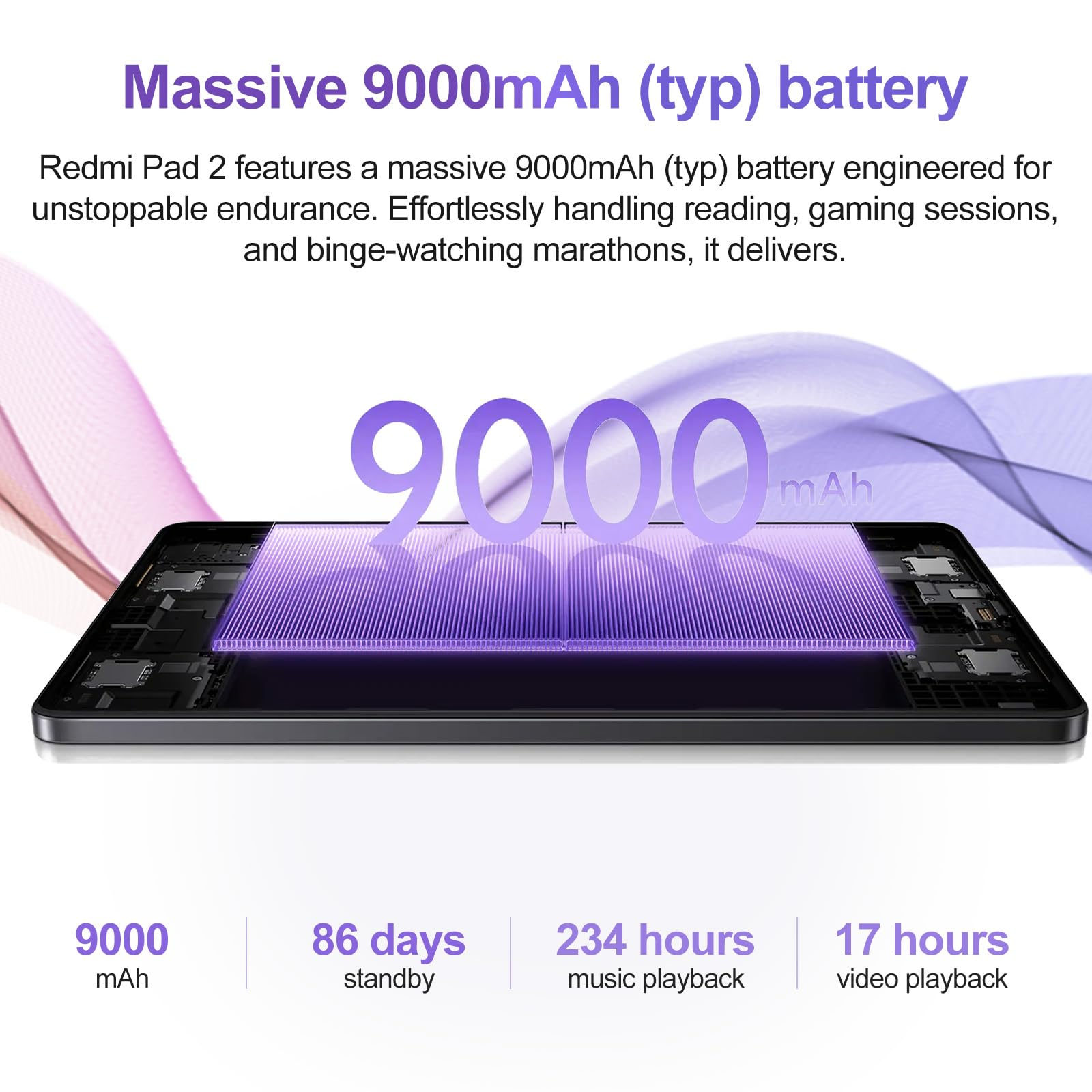 Das Bild zeigt ein Tablet mit Batterieinformationen. Text: 9000 mAh, 86 Tage Standby, 234 Stunden Musik, 17 Stunden Video.