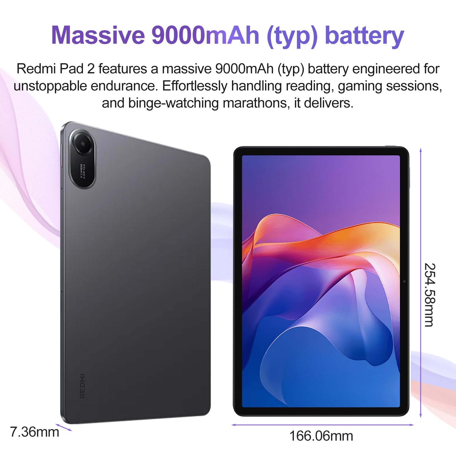 Das Bild zeigt ein Tablet. Der Text besagt, dass es einen 9000mAh Akku hat. Abmessungen und Dicke sind ebenfalls angegeben.
