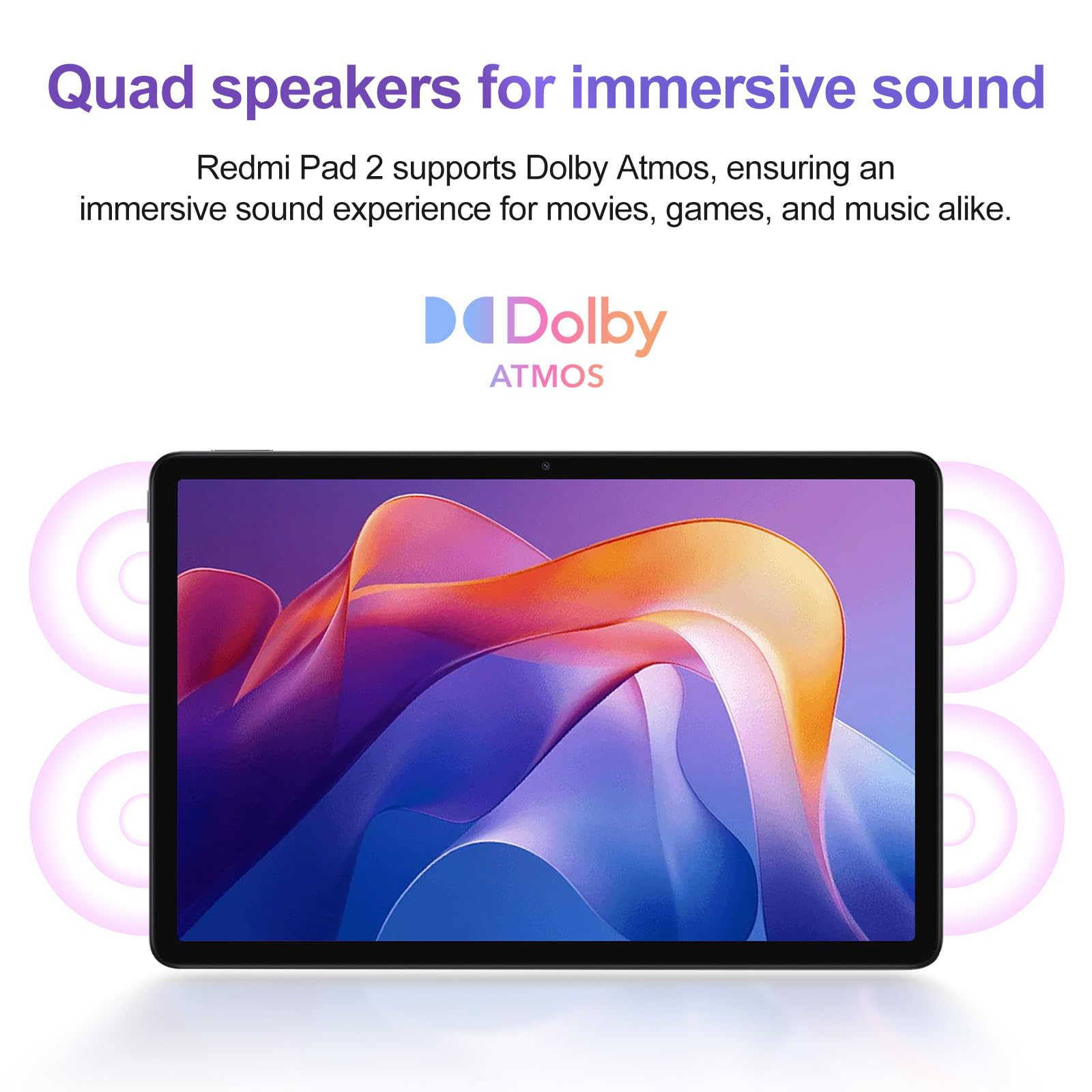 Ein Tablet mit farbenfrohem Bildschirm, umgeben von Schallwellensymbolen, mit Text über Dolby Atmos und immersiven Sound.
