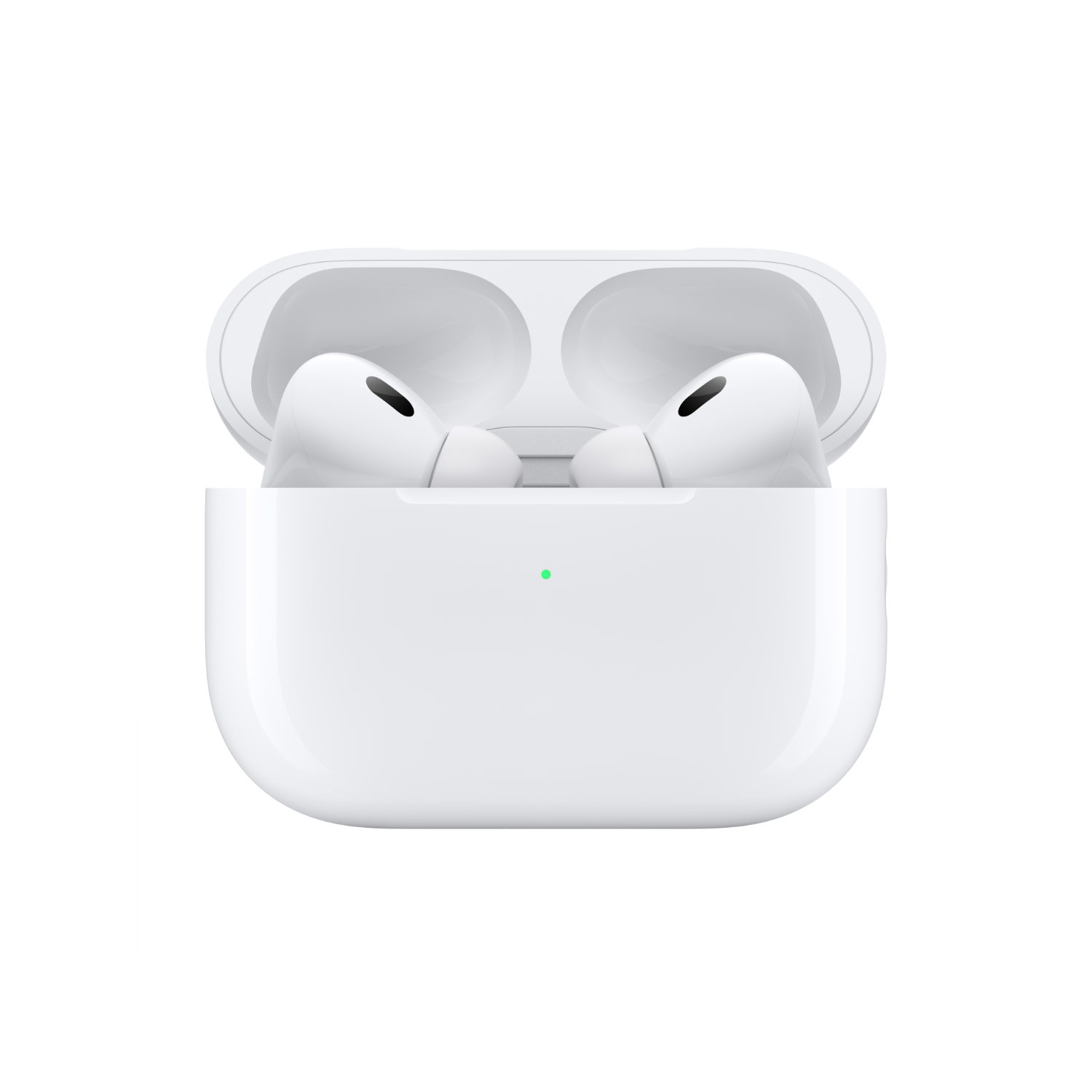 Białe AirPods Pro w otwartym etui ładującym. Etui ma zielone światło. Dwa AirPods są widoczne wewnątrz.