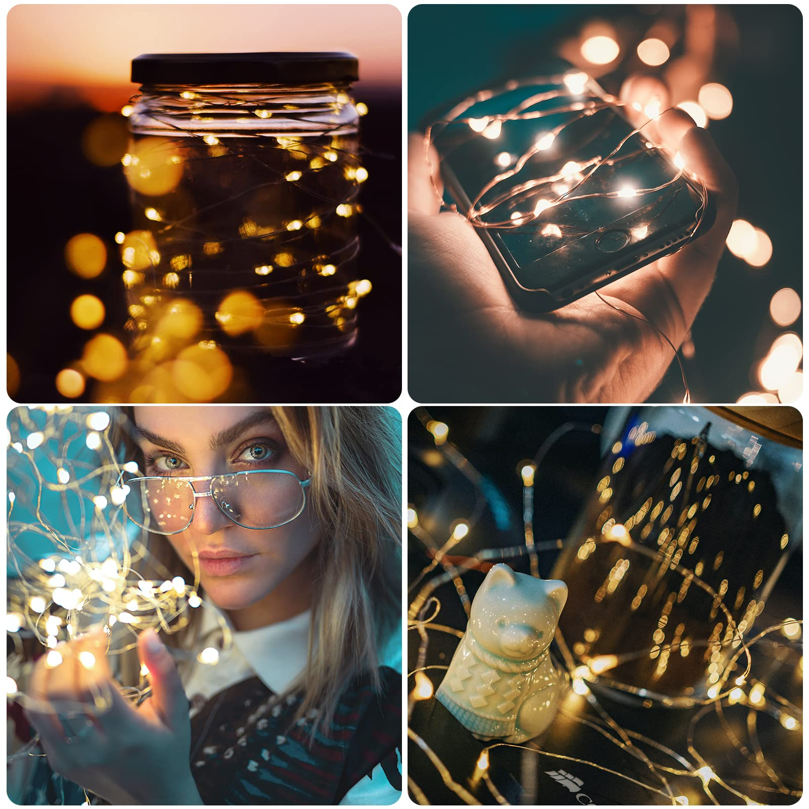 Eine Collage mit Feenlichtern in einem Glas, um ein Telefon, mit einer Frau und in der Nähe eines Keramikbären, alles in warmen Tönen.