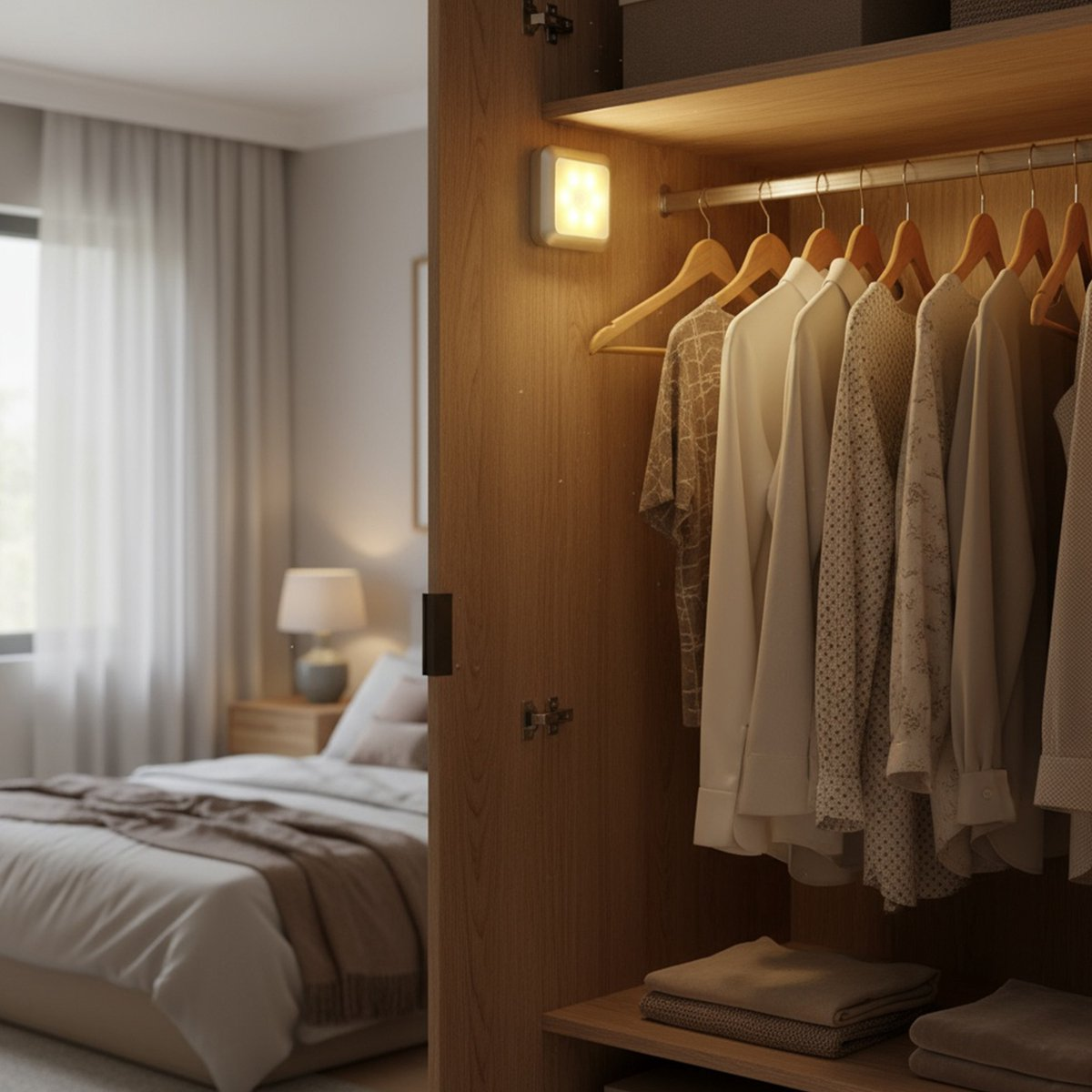 Ein beleuchteter Schrank mit Kleidung. Durch die offene Tür ist ein Bett zu sehen. Ein kleines Licht ist an der Schrankwand befestigt.