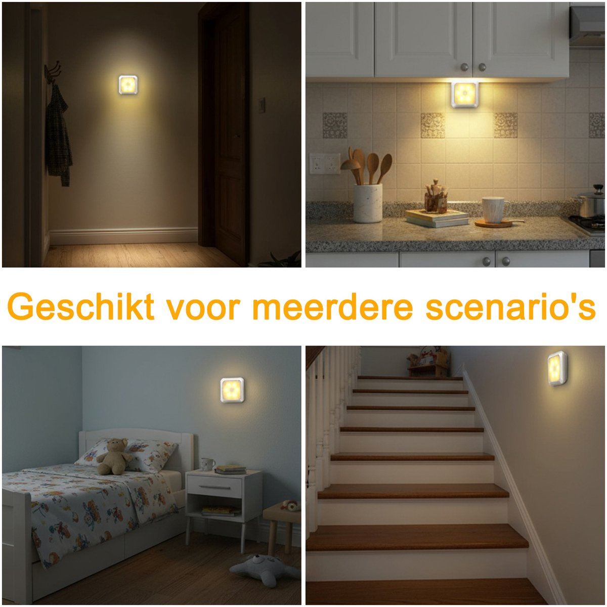 Das Bild zeigt ein Licht in 4 verschiedenen Einstellungen: Flur, Küche, Schlafzimmer und Treppe. Jede Szene hat ein kleines quadratisches Licht.
