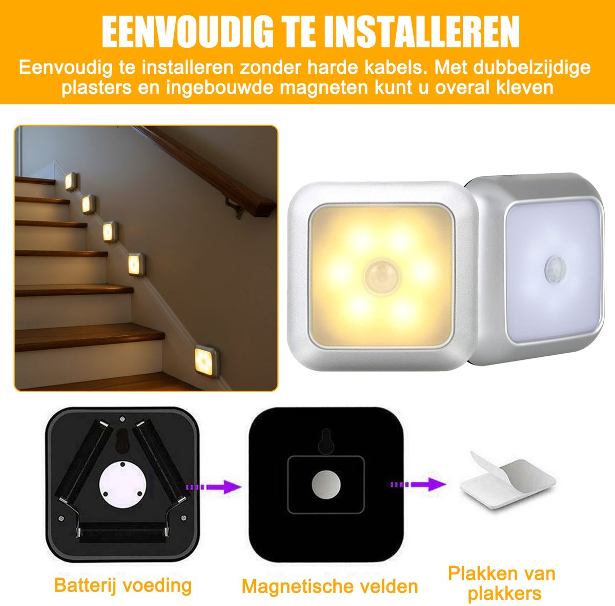 Das Bild zeigt Treppenlichter, Magnetfelder und Batteriestrom. Der Text besagt, dass die Installation einfach ist.