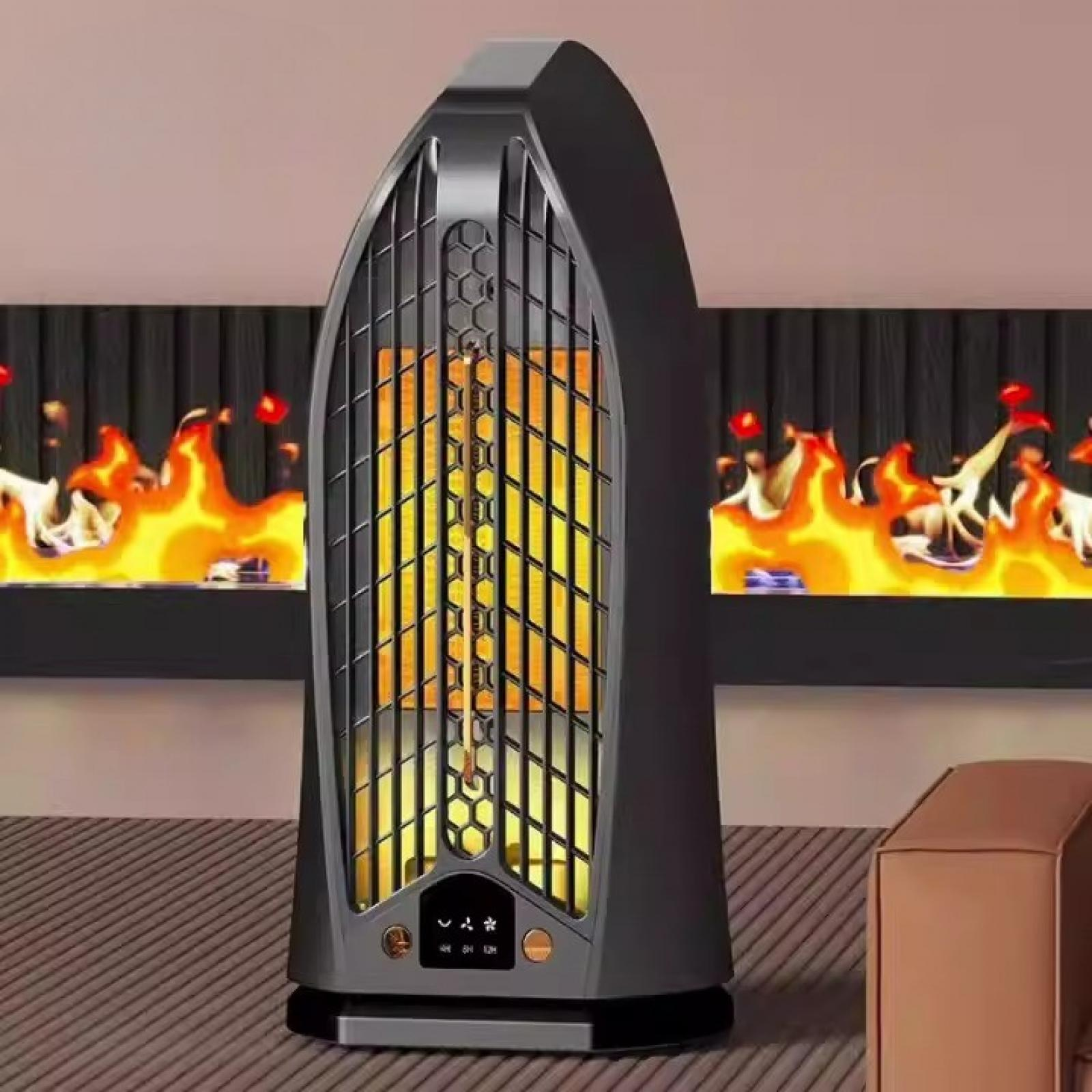 Ein schwarzer Elektroheizer mit einem Feuer-Display-Hintergrund und einem braunen Sofa. Der Heizlüfter hat ein Wabendesign.