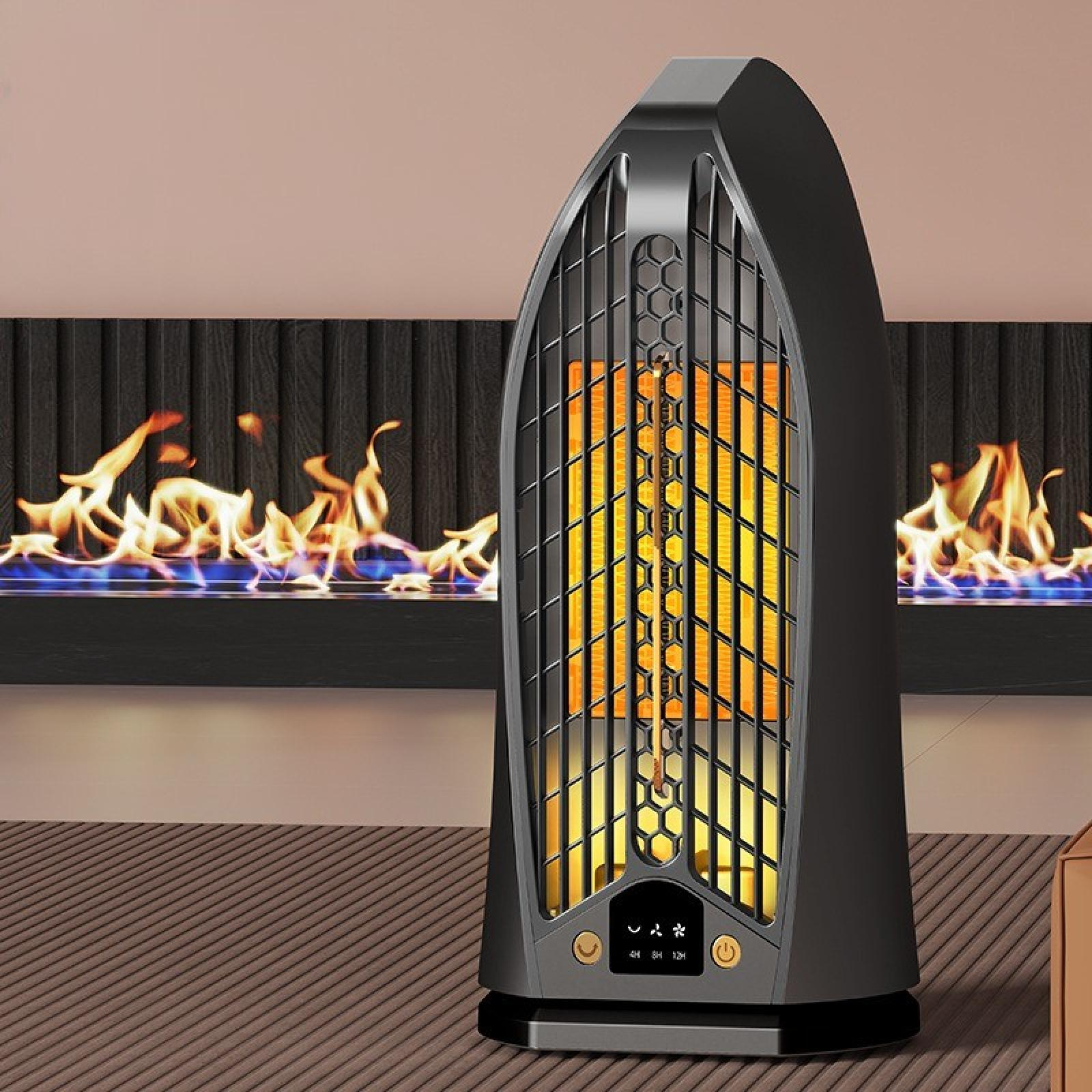 Ein schwarzer Elektroheizer mit Flammendarstellung. Der Heizkörper hat ein Gitter und ein orangefarbenes Leuchten. Davor befindet sich ein brauner Boden.
