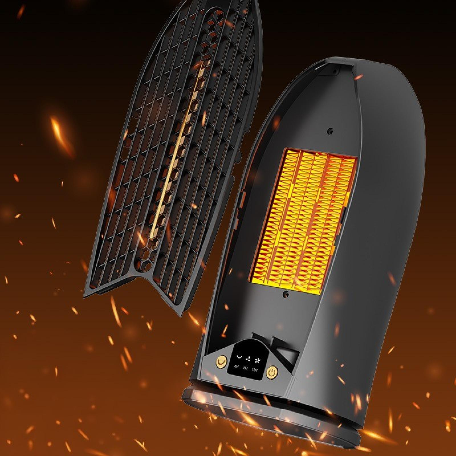Schwarze elektrische Heizung mit abgenommenem Grill. Das Innere der Heizung leuchtet orange. Funken schweben im dunklen Hintergrund.