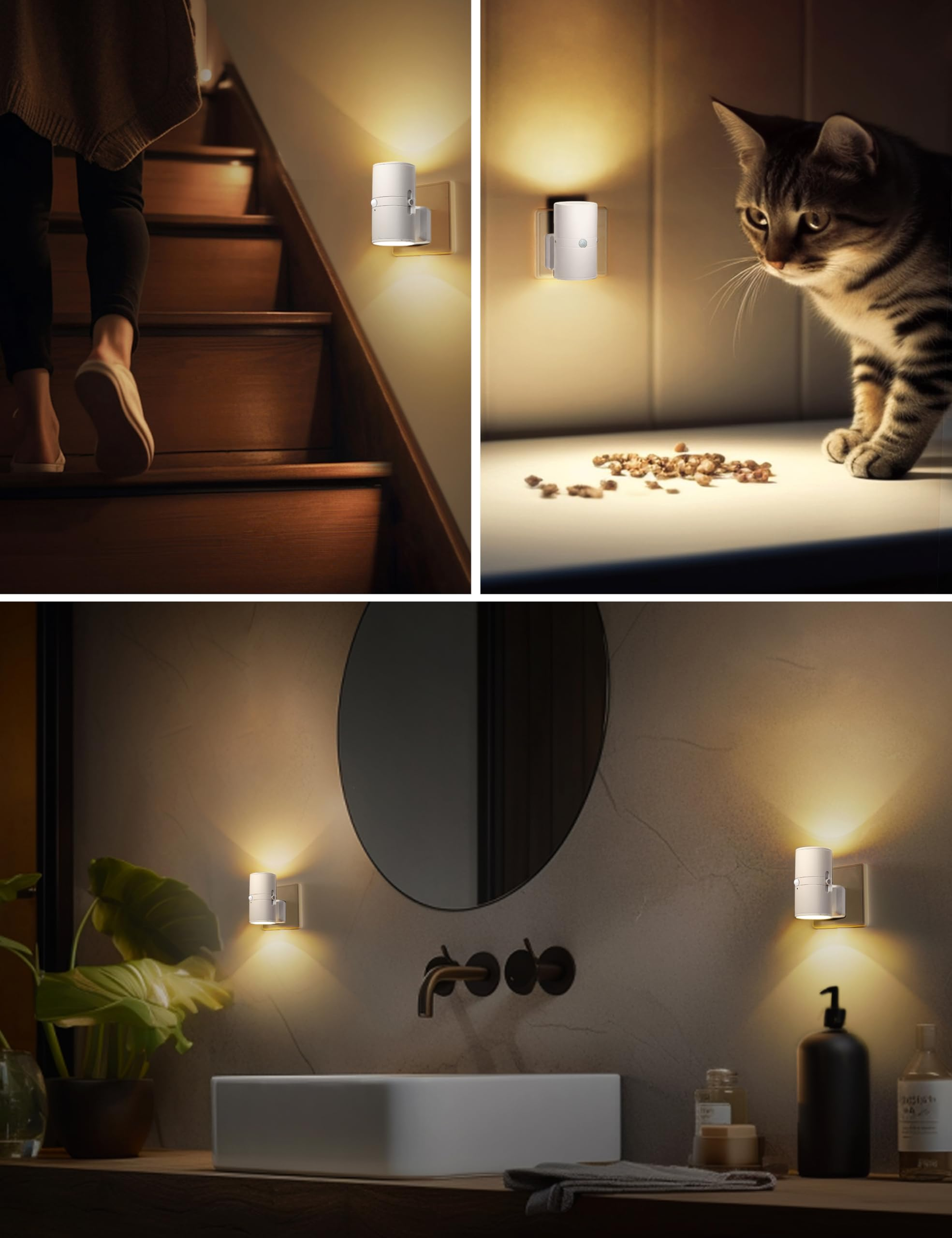 Eine Person geht eine Holztreppe hinauf. Eine Katze betrachtet Futter. Lichter sind in einem Badezimmer an.