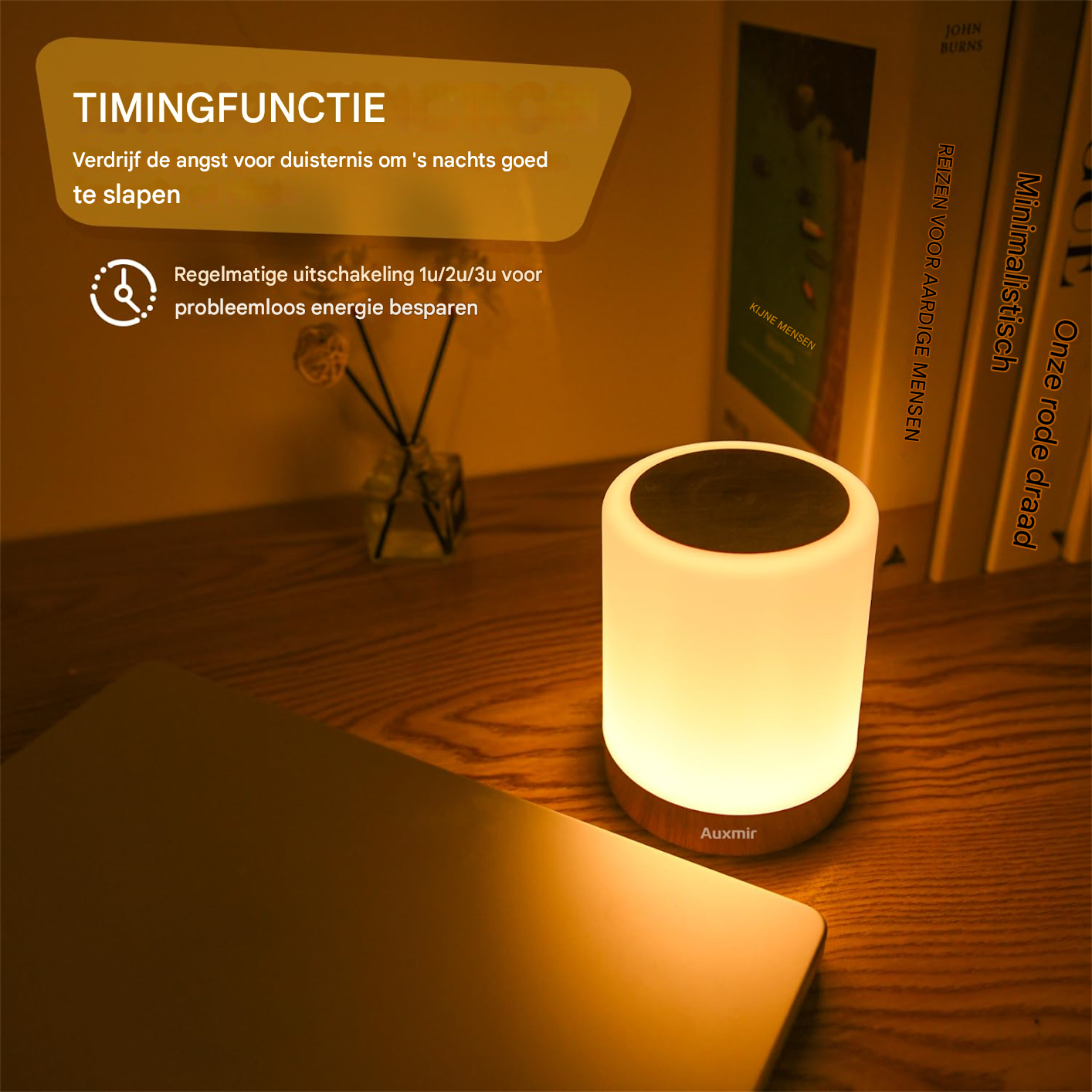 Una lampada da comodino luminosa su un tavolo di legno, accanto a un laptop e libri. La lampada ha una base in legno e luce bianca.