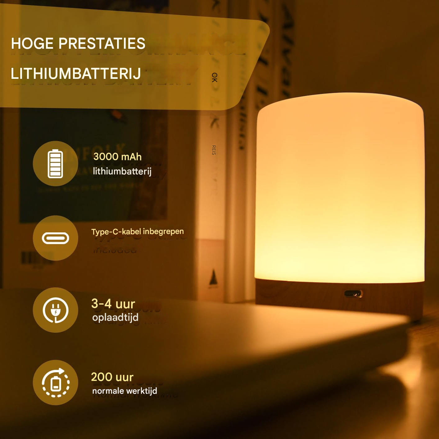 Una lampada luminosa con base in legno su una superficie. Il testo descrive la batteria al litio, il tempo di ricarica e il tempo di lavoro normale.