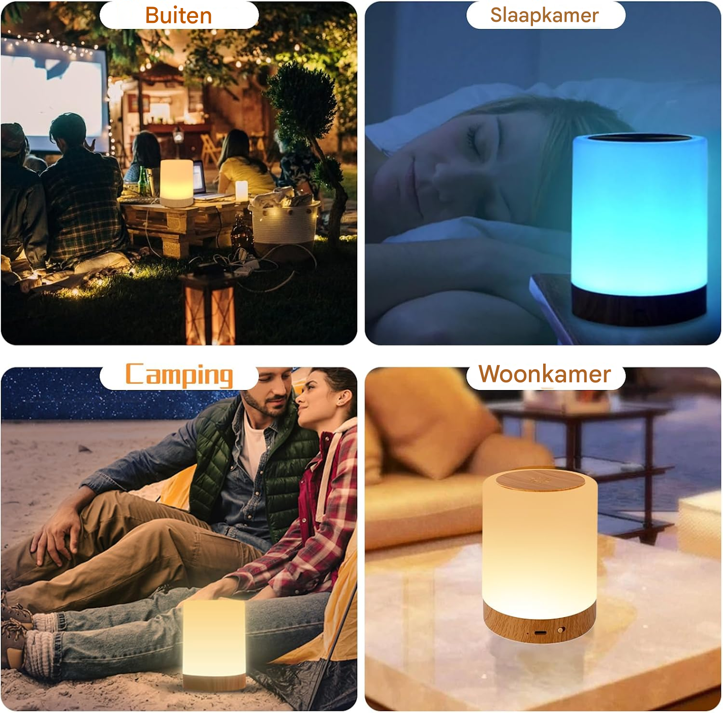 Quattro scene con lampade luminose. Cinema all'aperto, camera da letto con donna, coppia in campeggio e soggiorno con lampada.