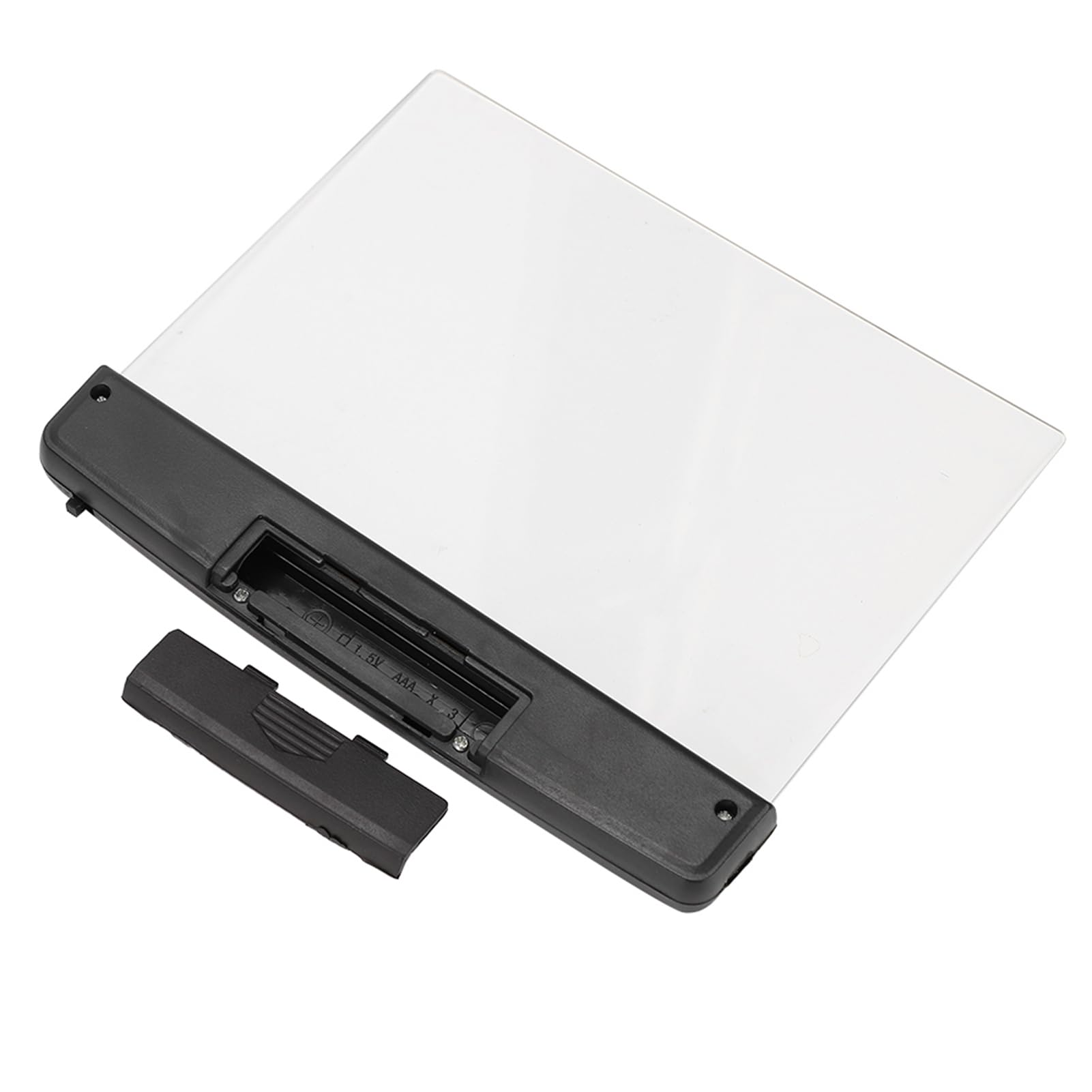 Rechteckige LED-Leselampe, ausgeschaltet. Es hat einen schwarzen Rahmen, eine transparente Kunststoffplatte und ein Batteriefach.