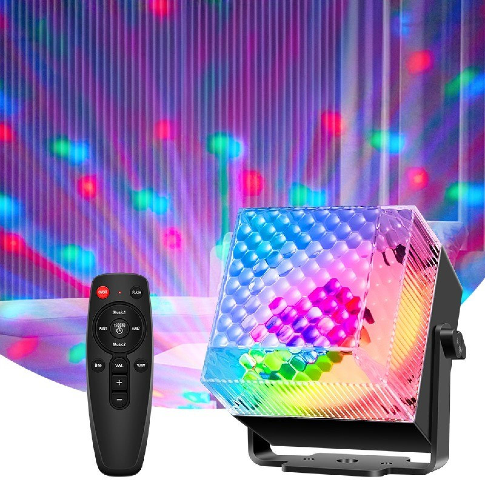 Ein farbenfrohes Discolicht mit Fernbedienung. Das Licht projiziert Muster an eine Wand. Das Gerät ist schwarz, mit mehrfarbigem Licht.