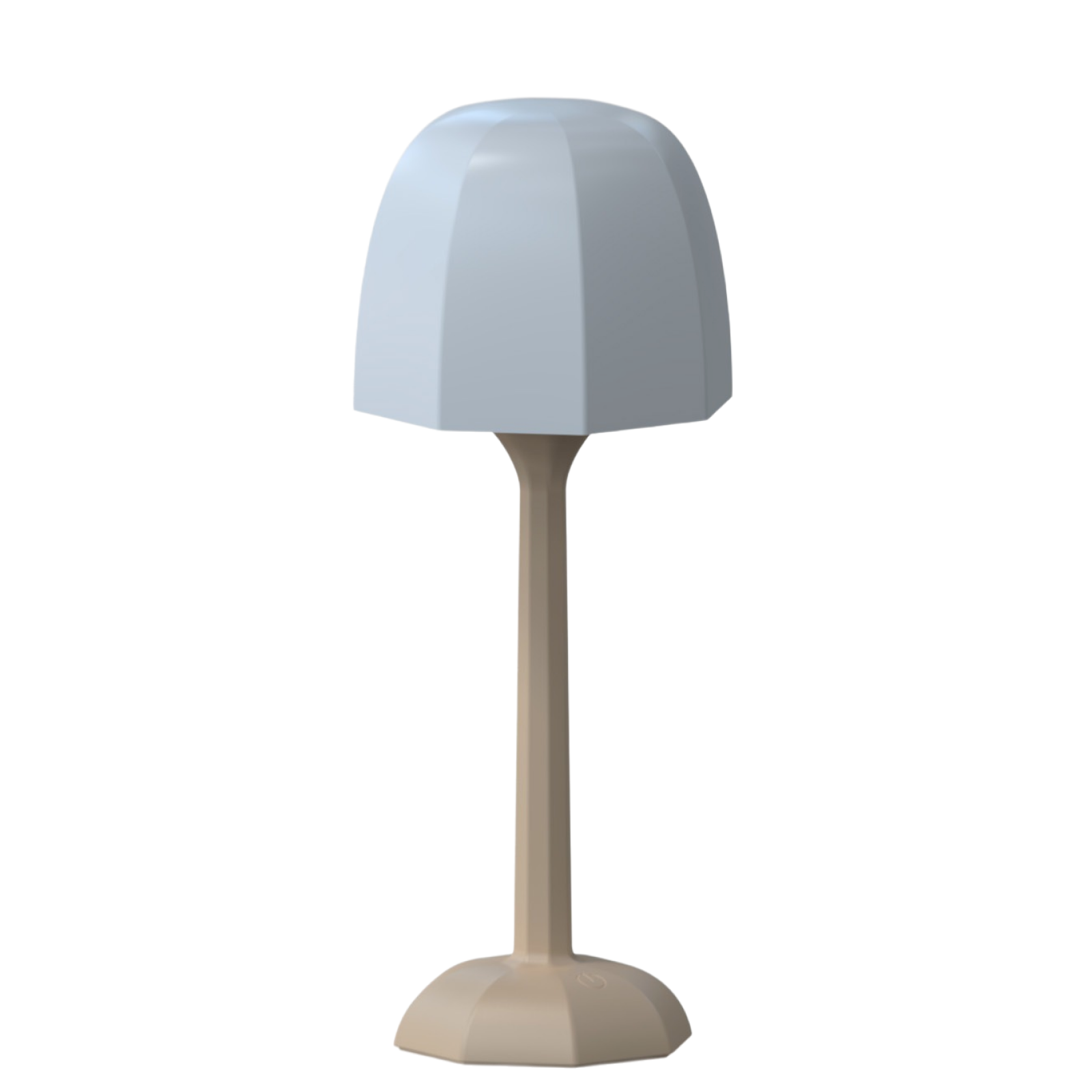 Eine moderne Lampe mit hellblauem Schirm, beigefarbenem Stiel und Sockel, isoliert auf weißem Hintergrund.