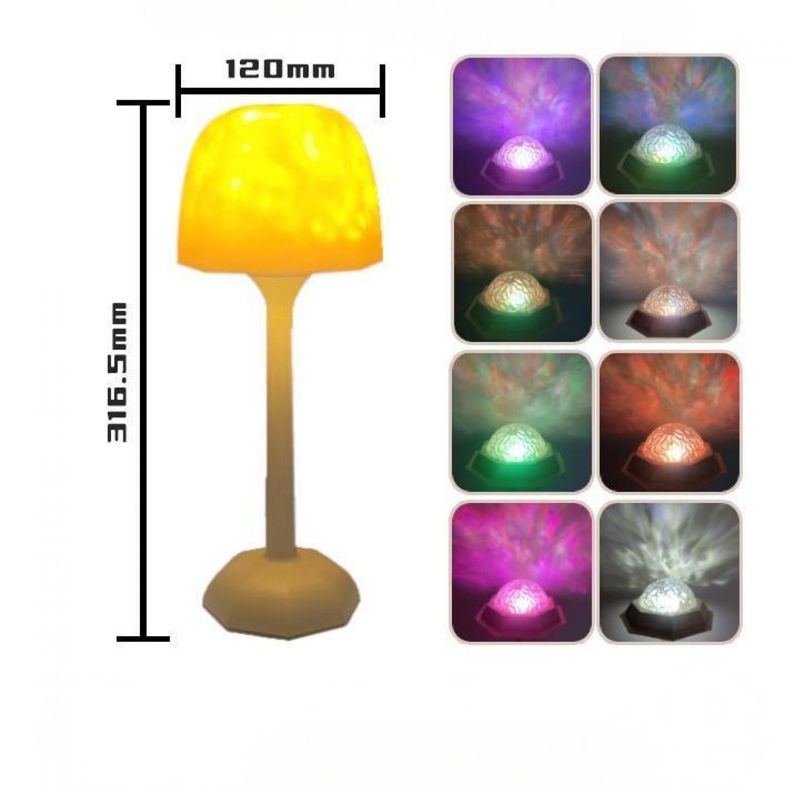 Eine gelbe Lampe mit Ständer und Sockel sowie acht kleine Bilder von Lichtern in verschiedenen Farben.