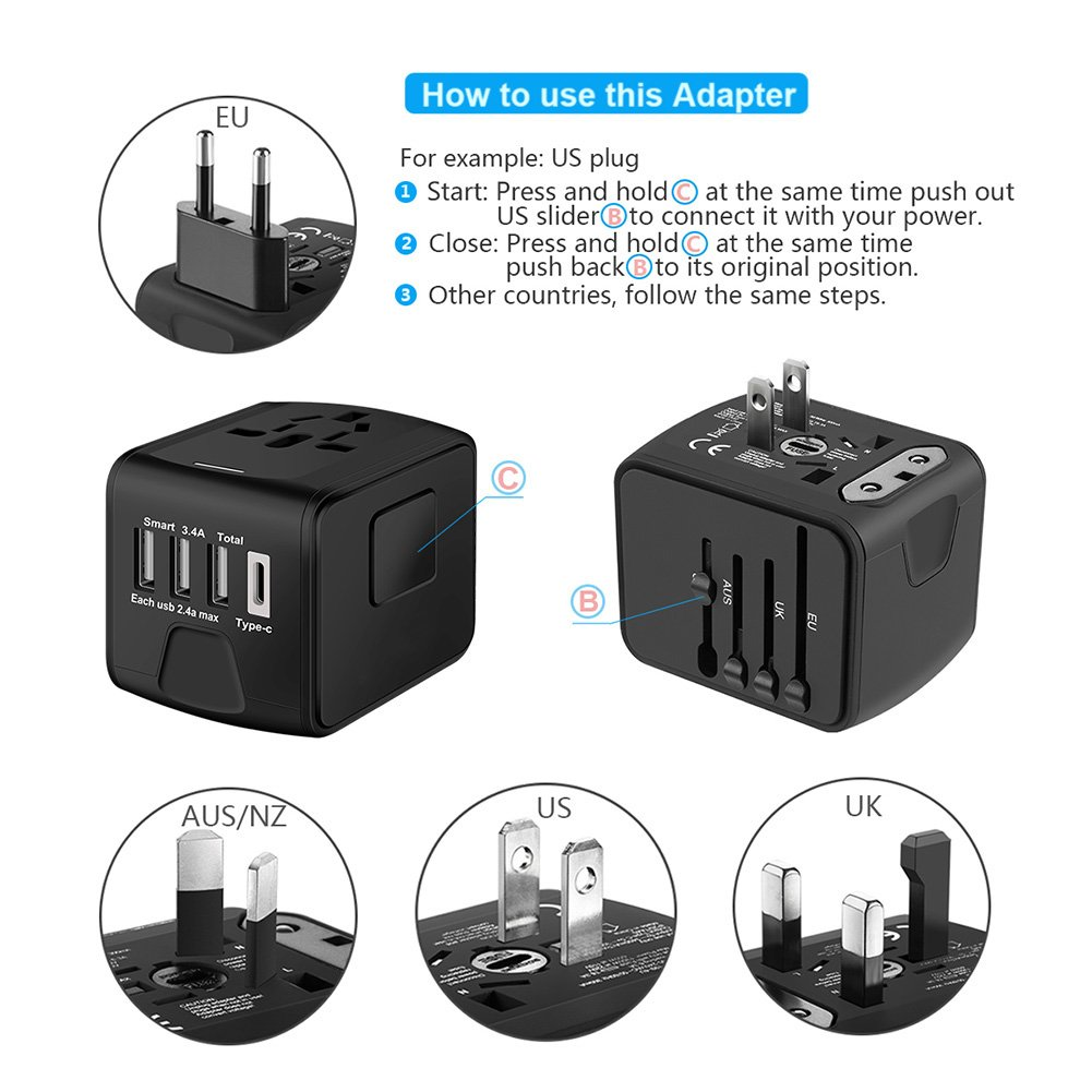 Ein schwarzer Universaladapter mit EU-, US-, UK- und AUS/NZ-Steckern. Anweisungen mit Diagrammen und Text zur Verwendung sind enthalten.