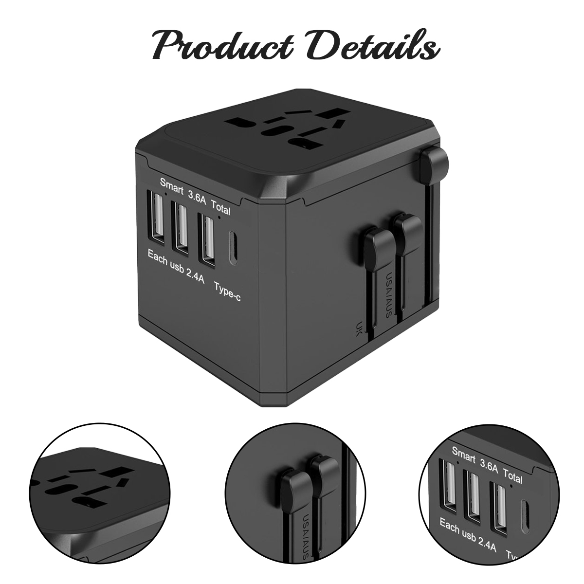 Schwarzer Reiseadapter mit mehreren USB-Anschlüssen und internationalen Steckdosenoptionen. Der Text darauf lautet 'Product Details', 'Smart 3.6A Total'.