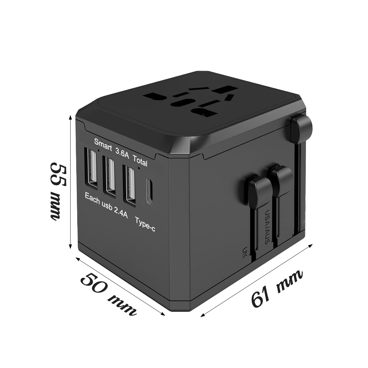 Ein schwarzer Reiseadapter mit USB-Anschlüssen und internationalen Steckeroptionen. Abmessungen: 55 mm, 50 mm und 61 mm.