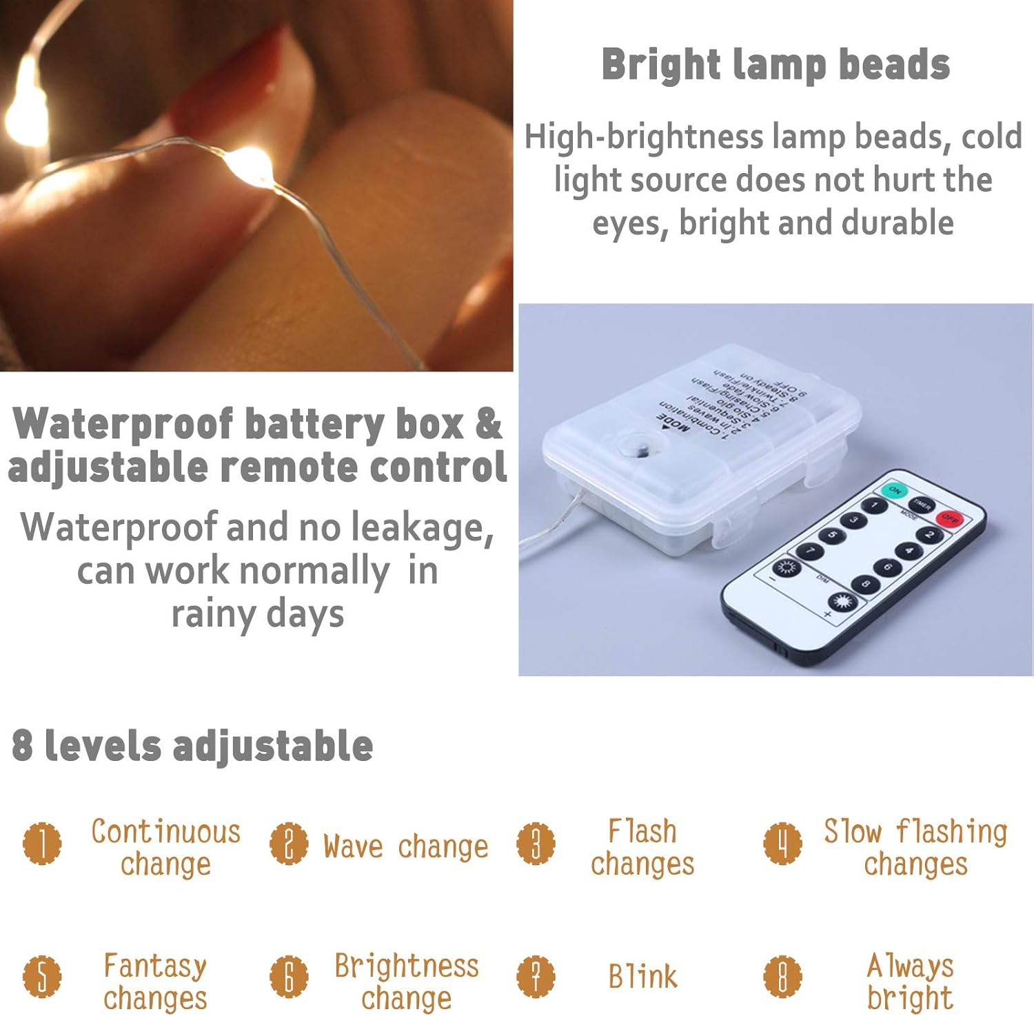 Das Bild zeigt eine Fernbedienung, eine Batteriebox und Lichterketten. Text beschreibt die Merkmale wie wasserdicht und einstellbare Stufen.
