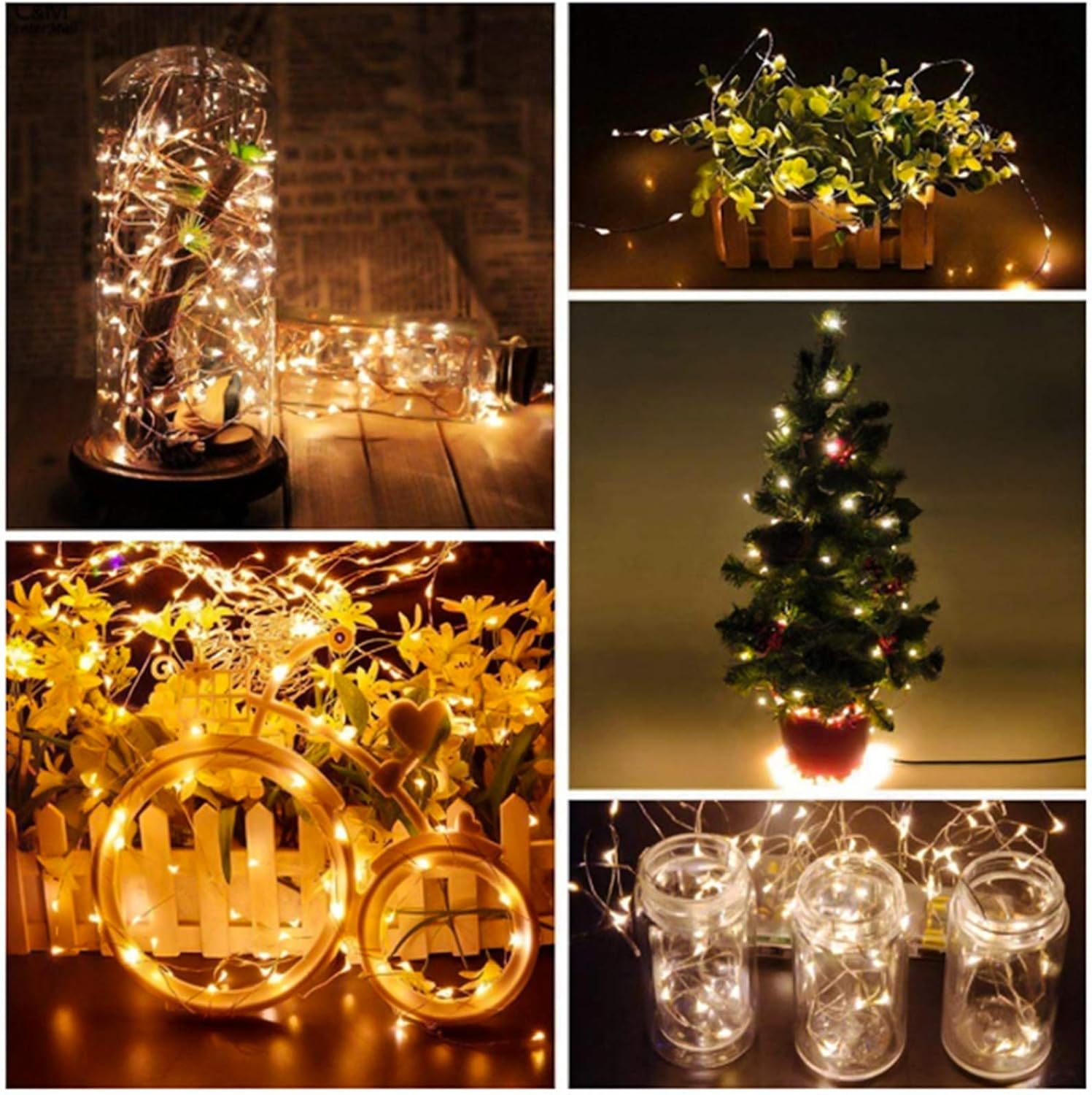 Eine Collage, die Lichterketten in verschiedenen Umgebungen zeigt: Gläser, ein Weihnachtsbaum, ein Fahrrad und ein Glaszylinder.