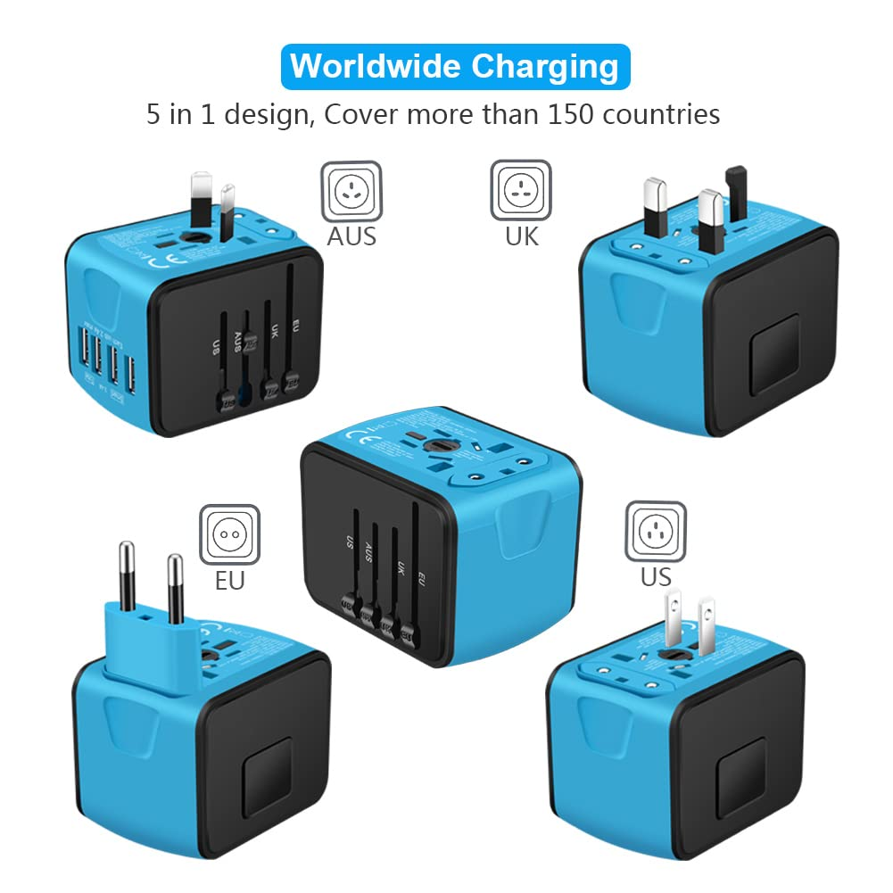 Das Bild zeigt fünf blaue und schwarze Reiseadapter mit unterschiedlichen Steckertypen, beschriftet mit AUS, UK, EU und US. Text: 'Weltweites Laden'.