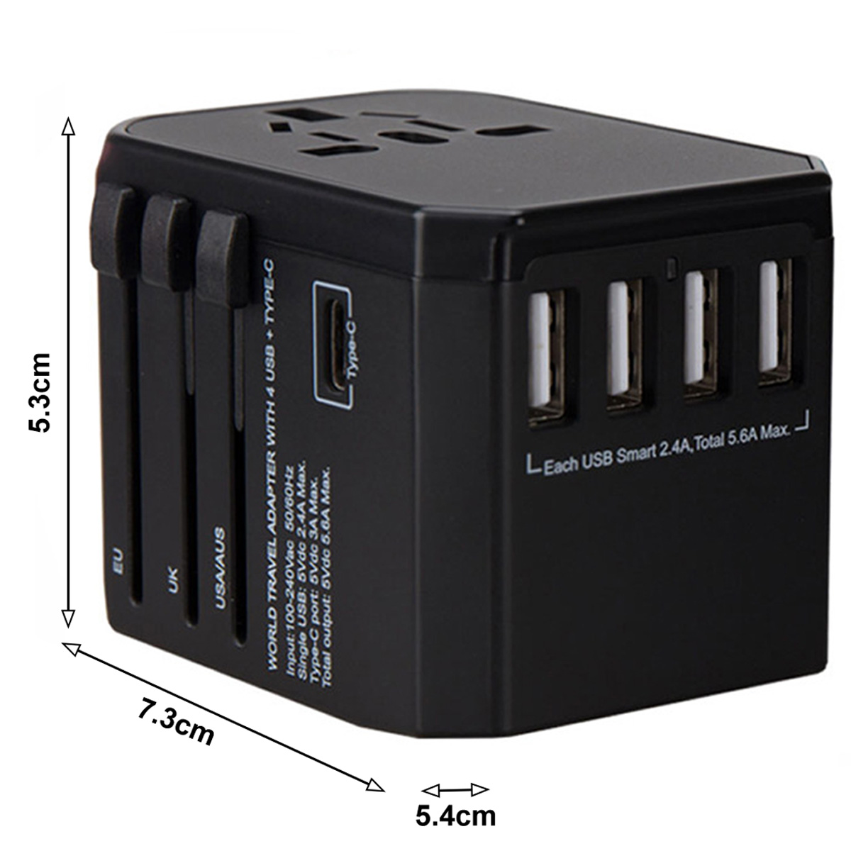 Schwarzer Reiseadapter mit USB-Anschlüssen und einem Typ-C-Anschluss, Abmessungen angegeben. Text weist auf einen Weltreiseadapter hin.