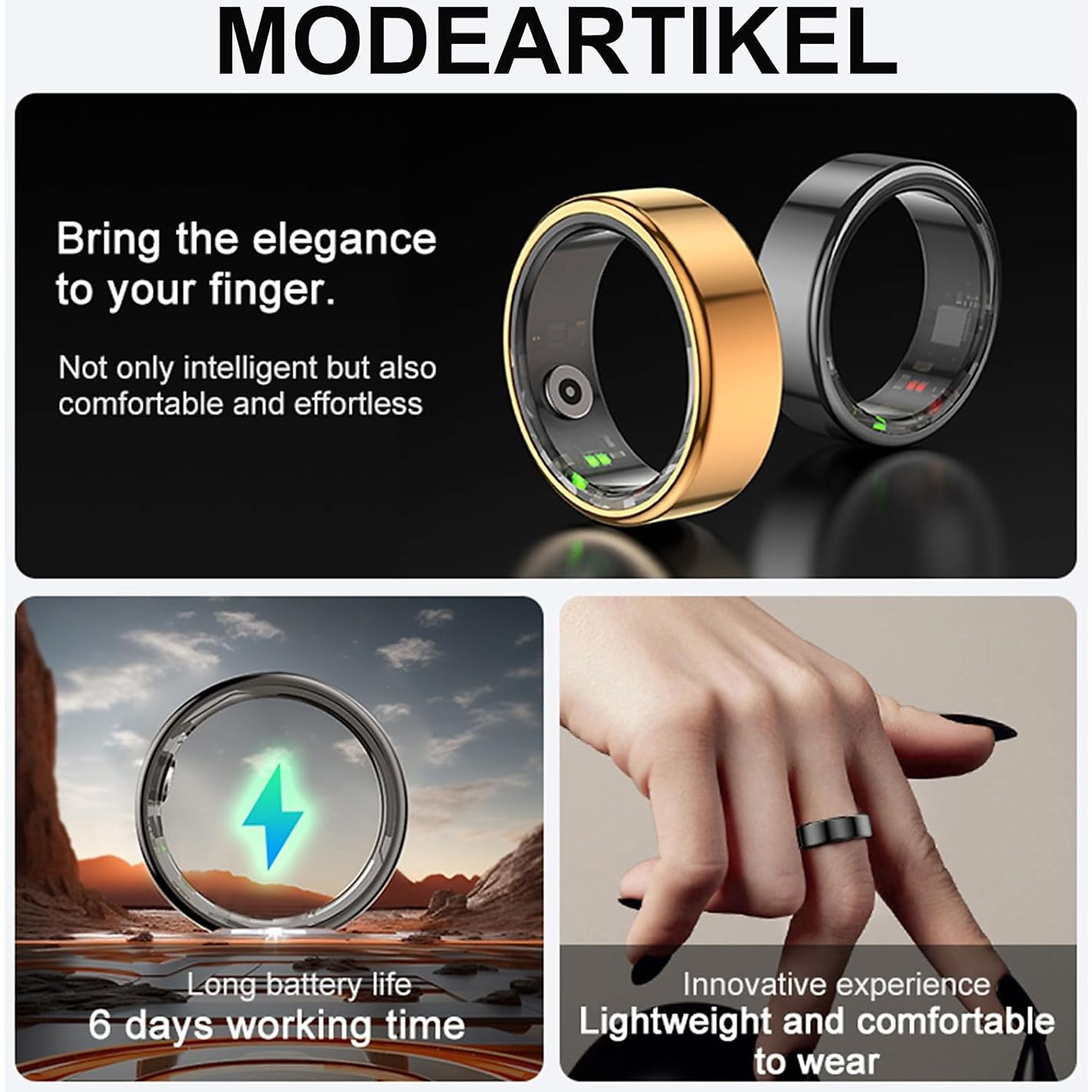 Das Bild zeigt intelligente Ringe, eine Hand, die einen trägt, und einen Ring mit einem Blitz, zusammen mit Text.