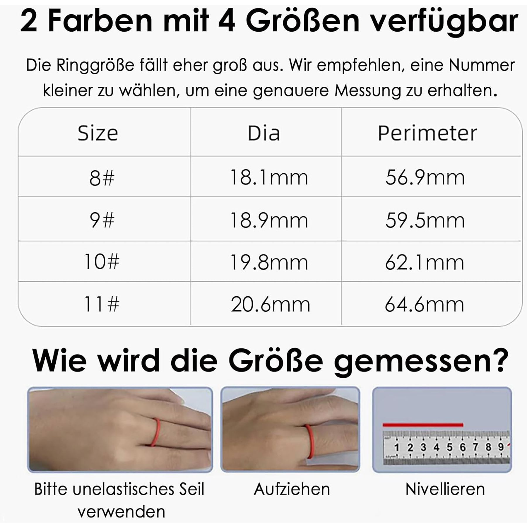 Das Bild zeigt eine Ringgrößentabelle mit Größen, Durchmessern und Umfängen. Enthält Messanweisungen mit einem Lineal.