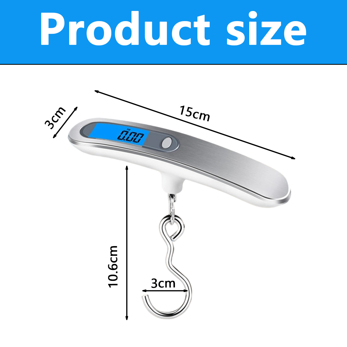 Ein Produktgrößenbild, das eine Digitalwaage mit den angegebenen Maßen zeigt: 15 cm, 3 cm und 10,6 cm. Die Waage zeigt 0,00 an.