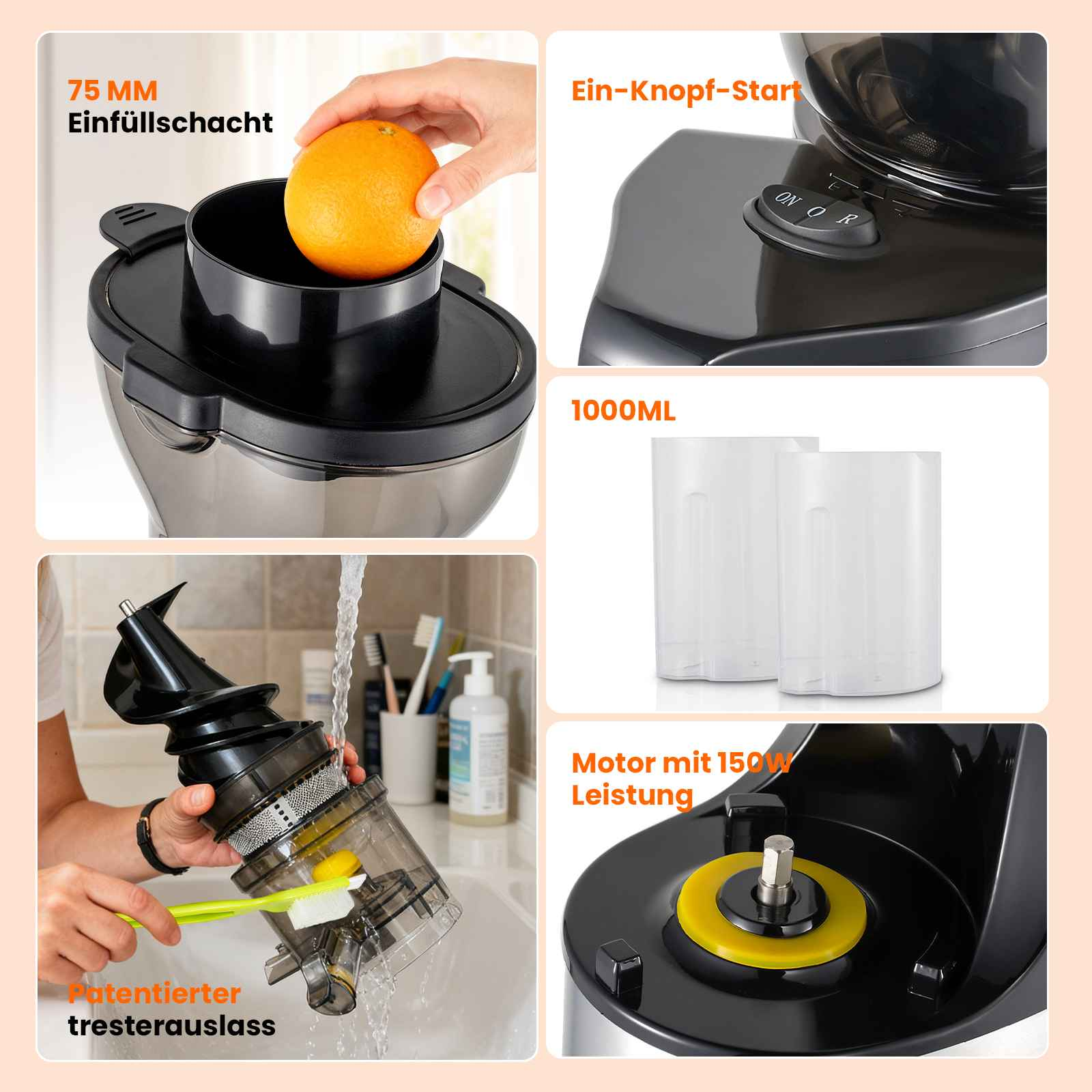Entsafter-Komponenten. Enthält Orange, Bedienfeld, Behälter und Motordetails. Textbeschriftungen auf Deutsch.